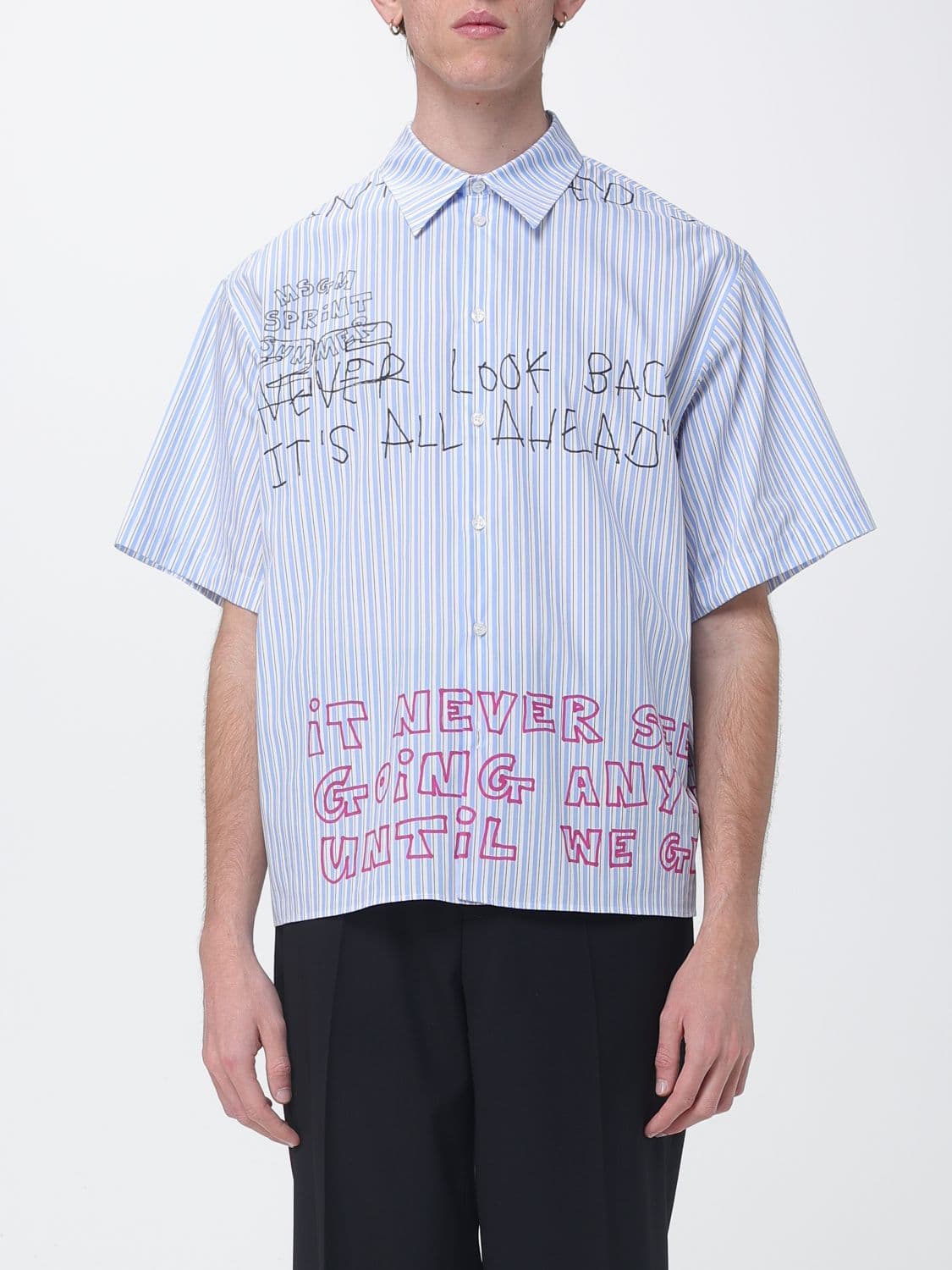 Msgm Striped Short-Sleeve Cotton Shirt with Slogan Print and Cutaway Collar