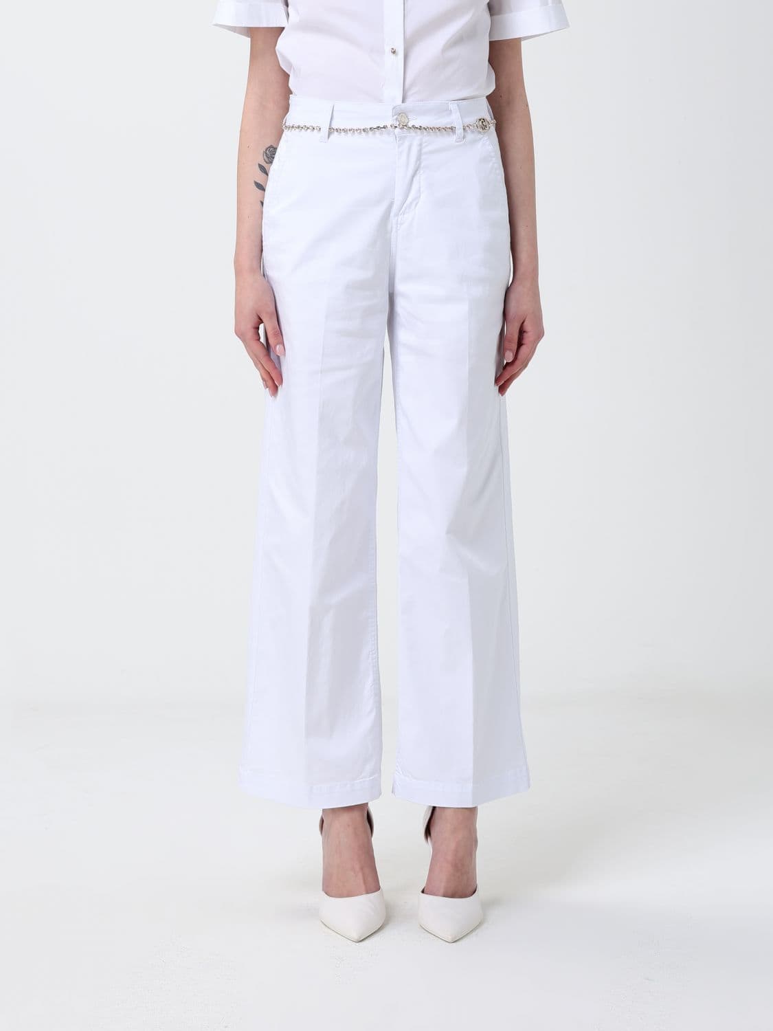 Liu Jo High-Waisted Cropped Trousers in Cotton Blend with Jewelled Belt