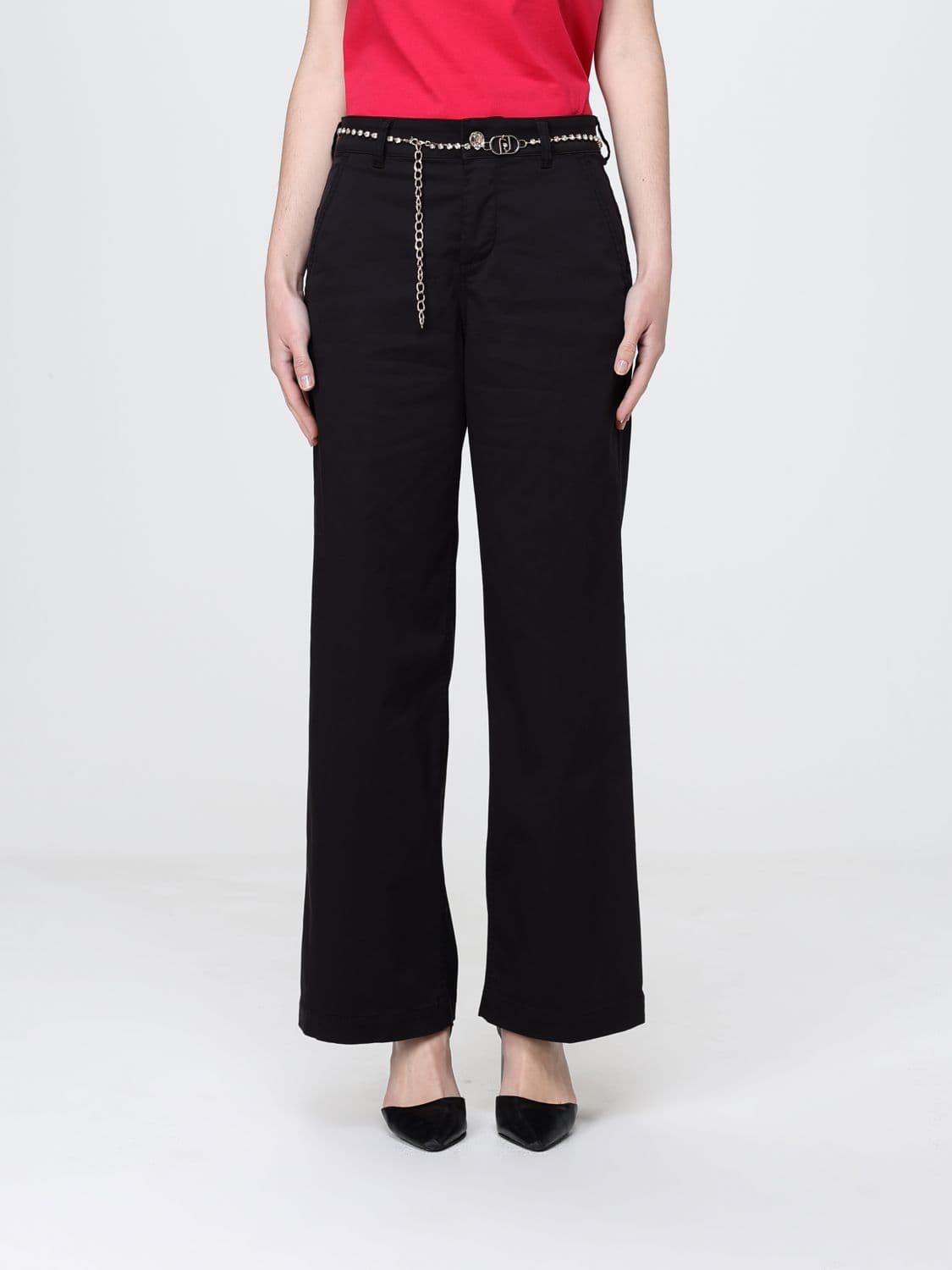 Liu Jo High-Waisted Cropped Trousers in Cotton Blend with Jewelled Belt