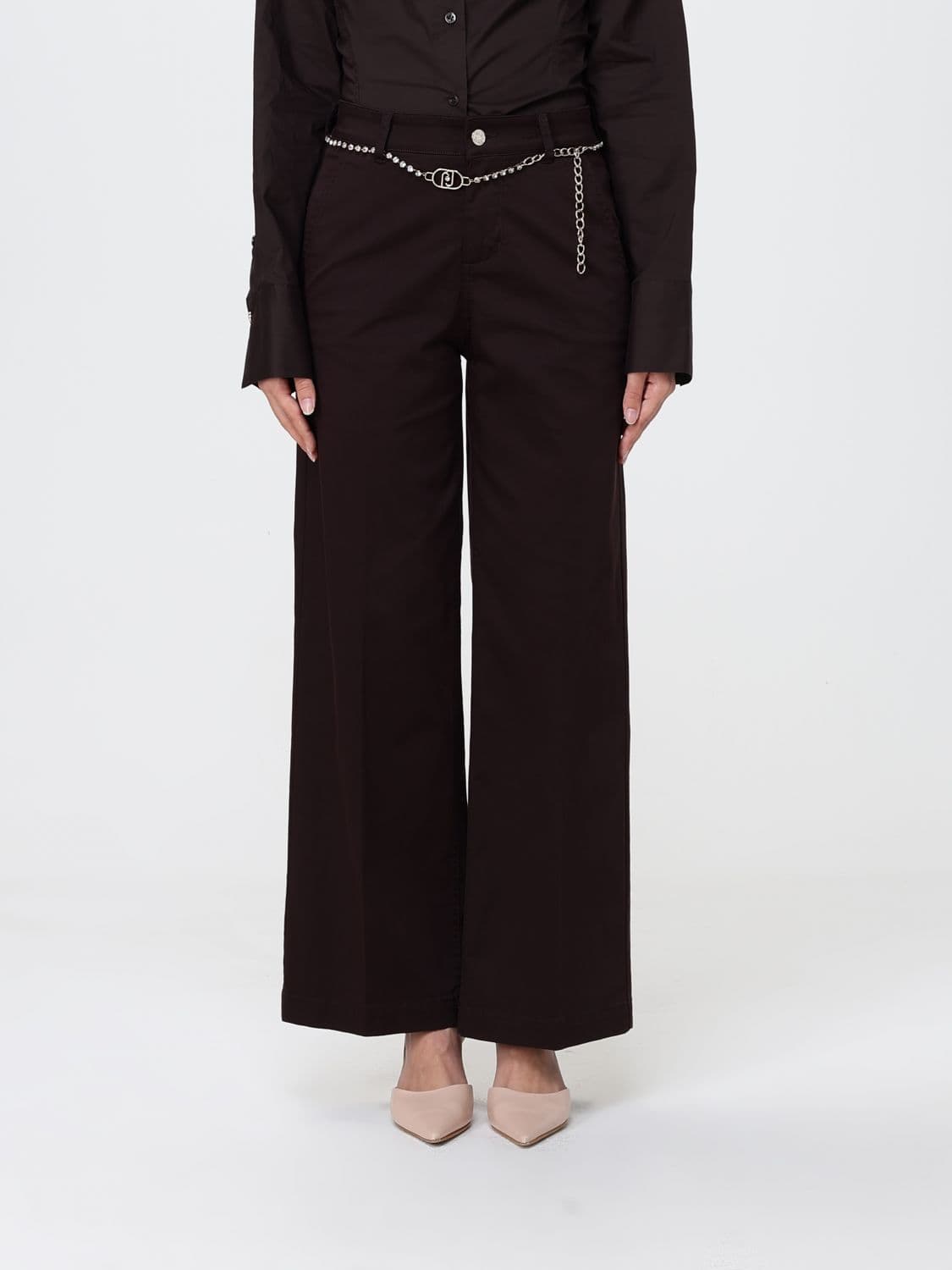 Liu Jo High-Waisted Cropped Trousers in Cotton Blend with Jewelled Belt