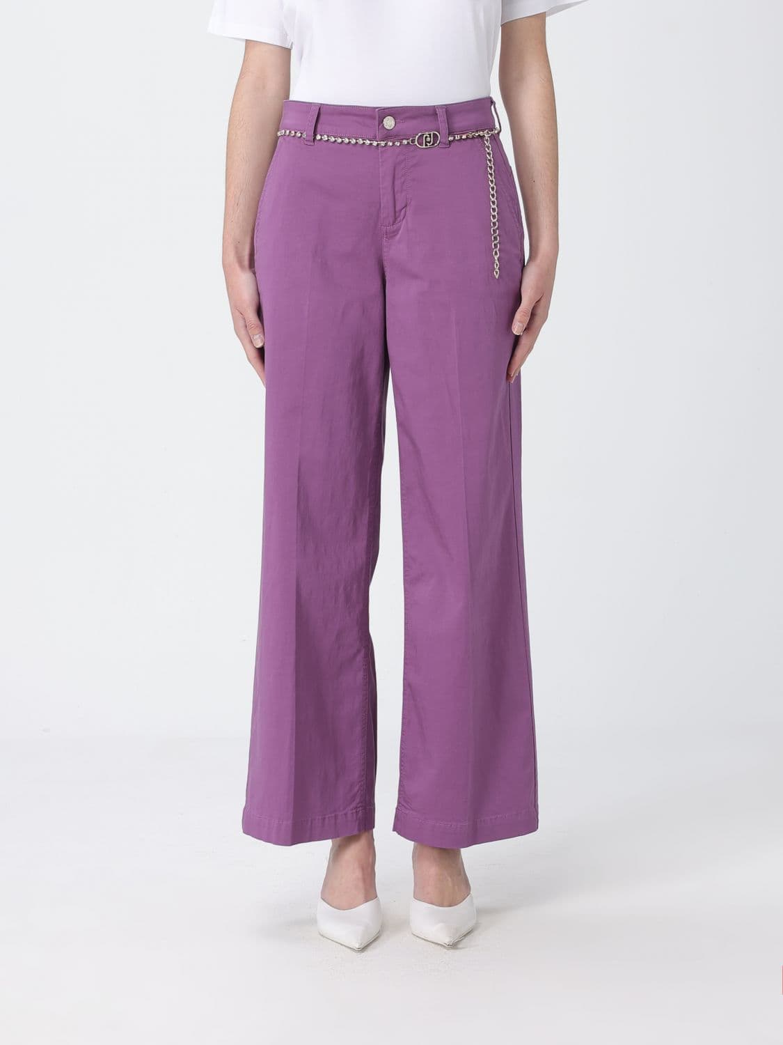 Liu Jo High-Waisted Cropped Trousers in Cotton Blend with Jewelled Belt