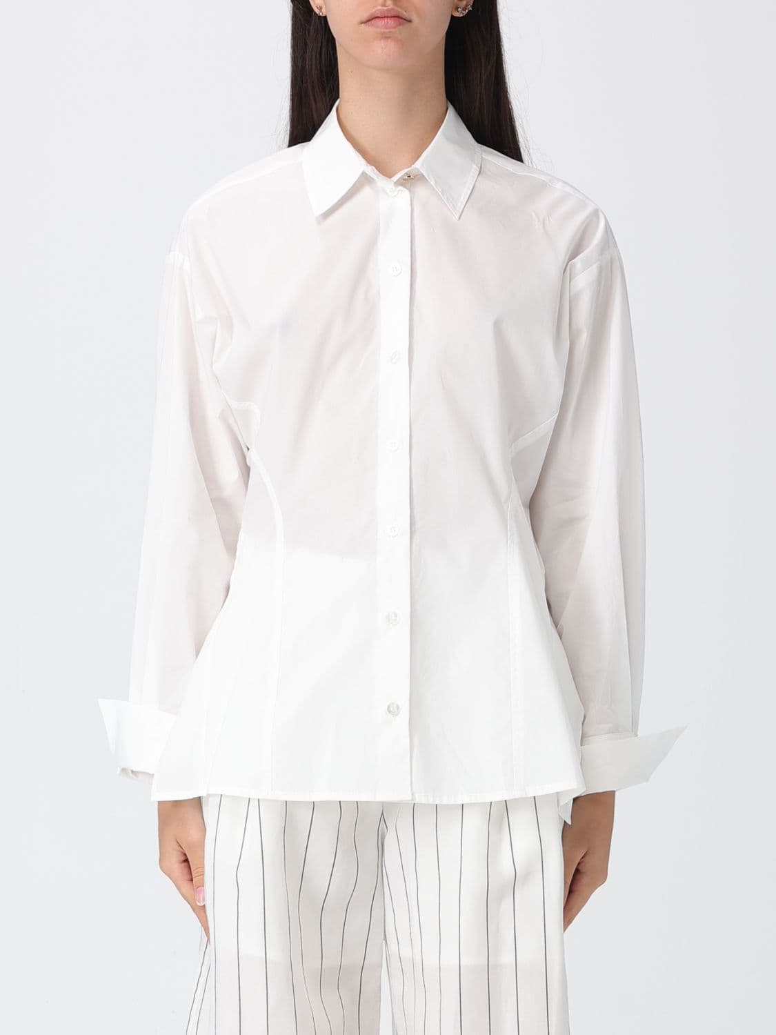 Liu Jo Cut-Out Shirt in Cotton Poplin with Long Sleeves and Asymmetrical Hem