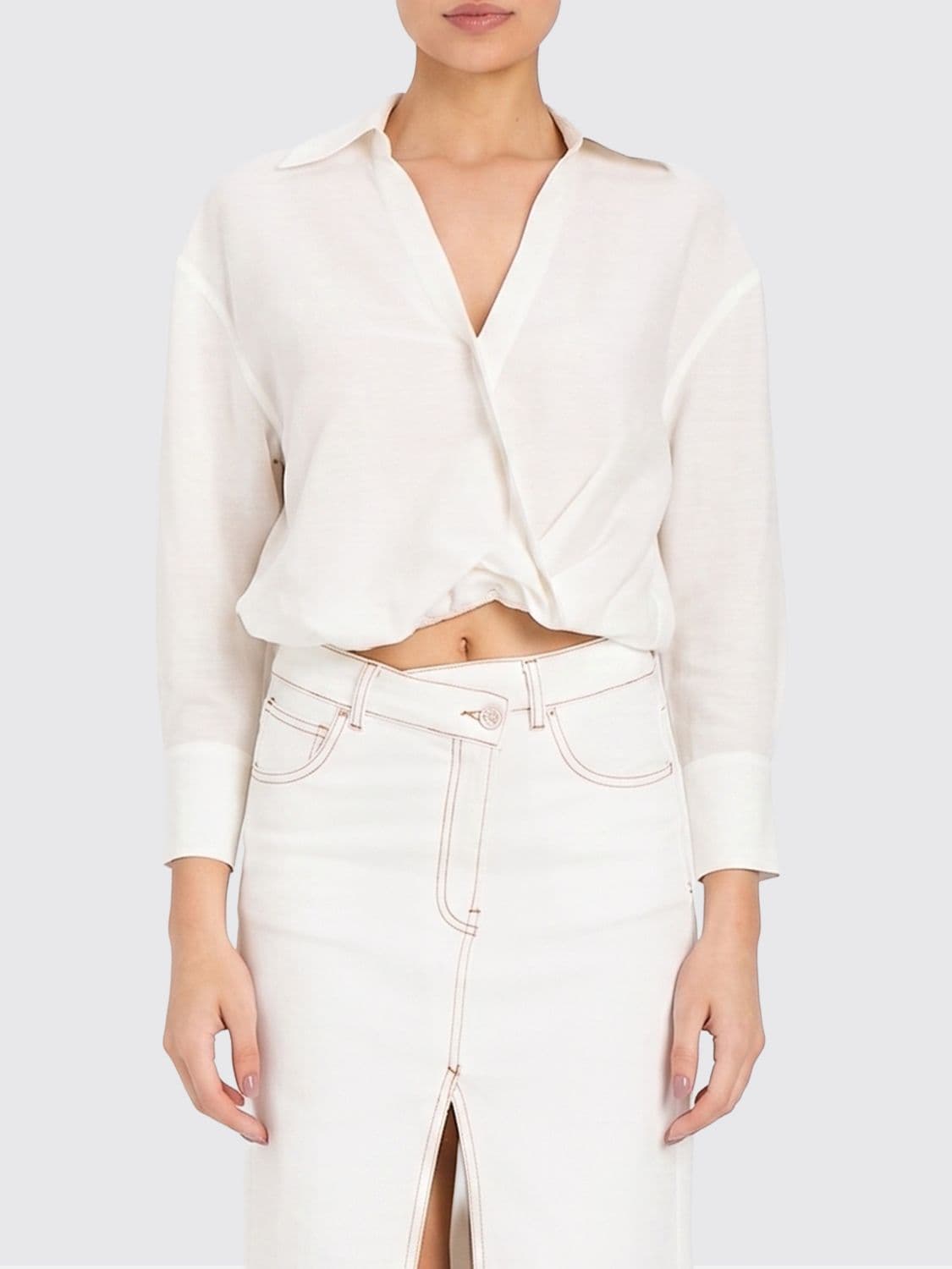 Actitude Twinset Cropped Linen-Blend Shirt with Elasticated Hem