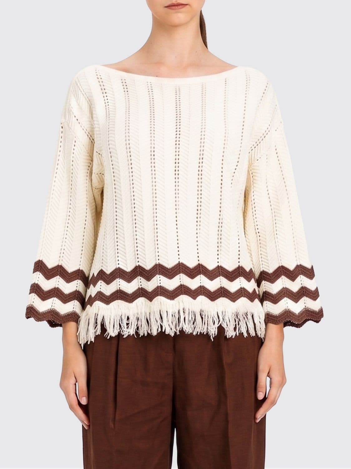 Actitude Twinset Zig-Zag Pattern Cotton Jumper with Fringed Hem