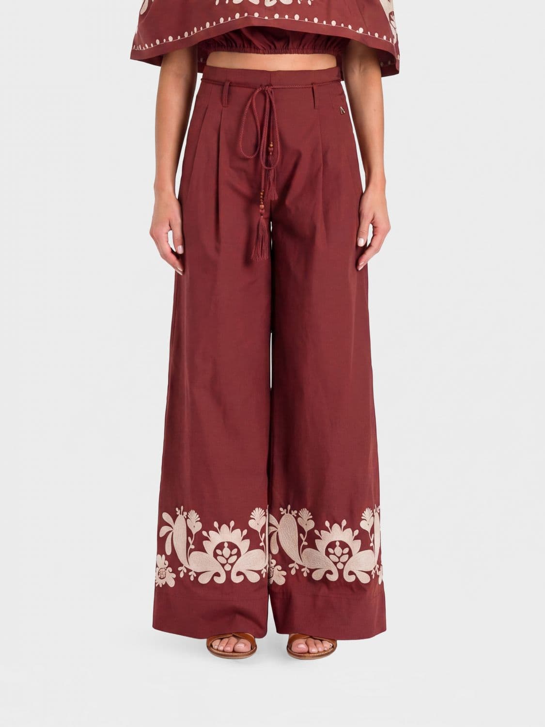 Actitude Twinset Paisley Print Wide Leg Trousers in Stretch Cotton with Belt