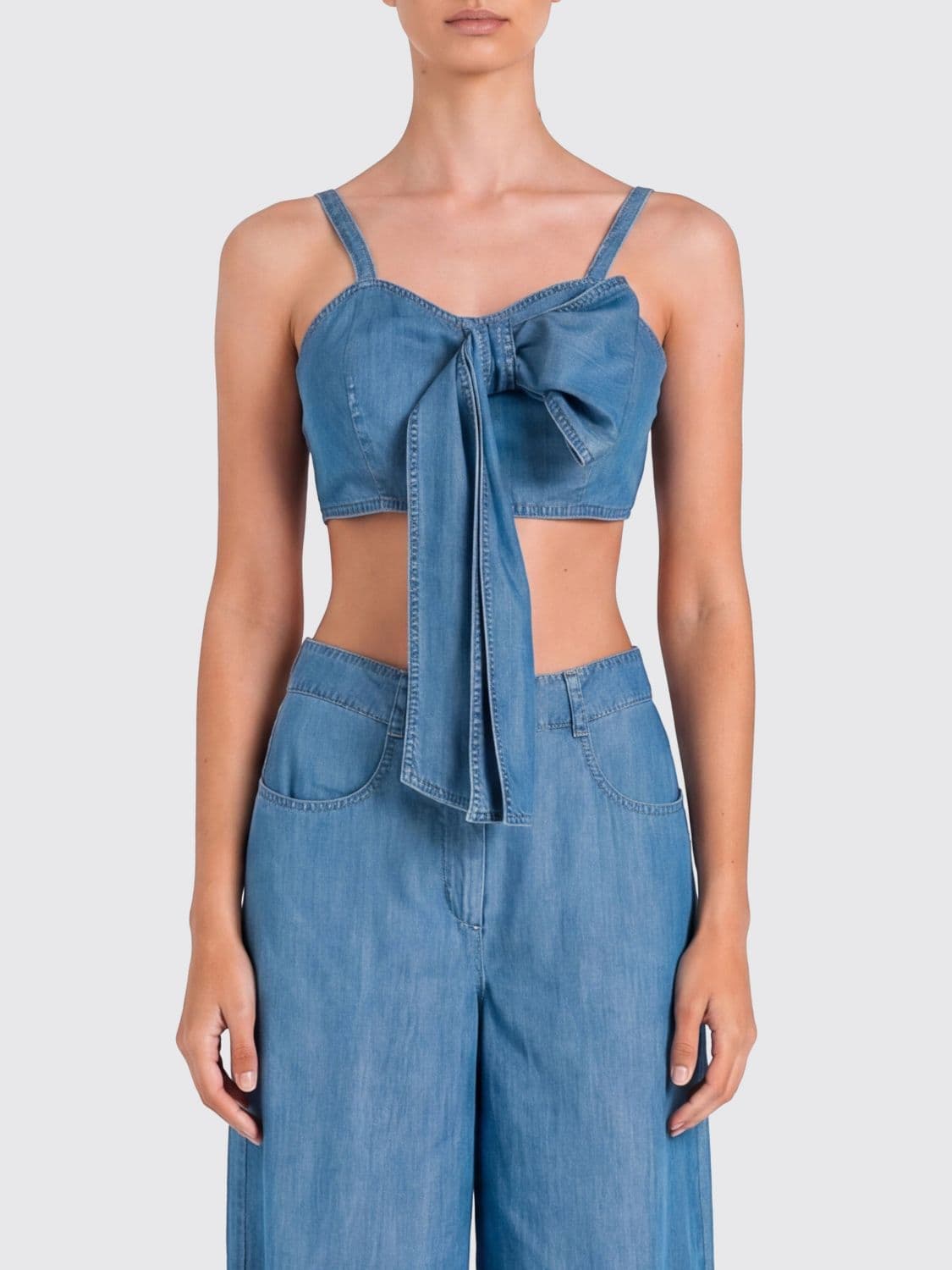 Actitude Twinset Cropped Lyocell Top with Sweetheart Neckline and Bow