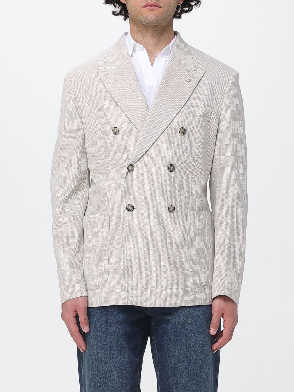 Manuel Ritz Double-Breasted Cotton Blazer with Peak Lapels and Patch Pockets