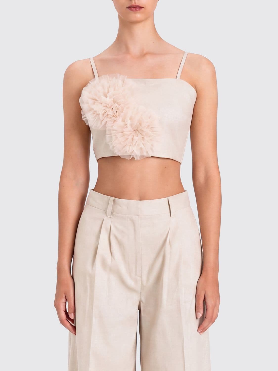Actitude Twinset Cropped Bandeau Top in Linen and Cotton with Flower Appliqué