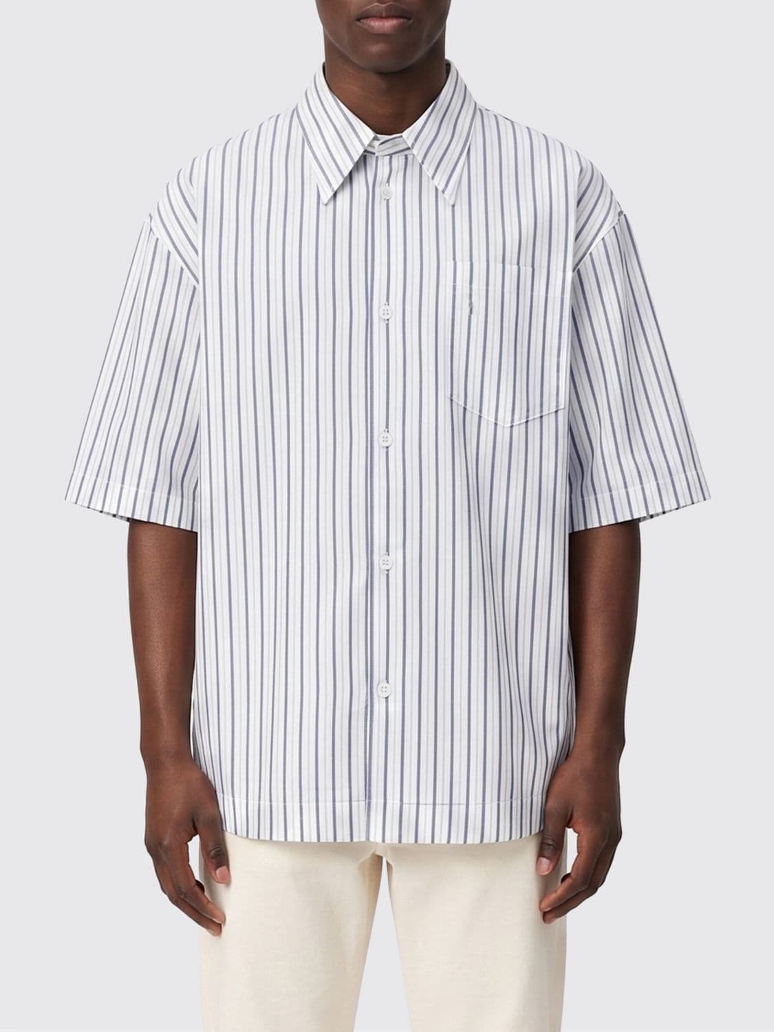 Ami Paris Striped Short-Sleeve Cotton Shirt with a Pointed Collar