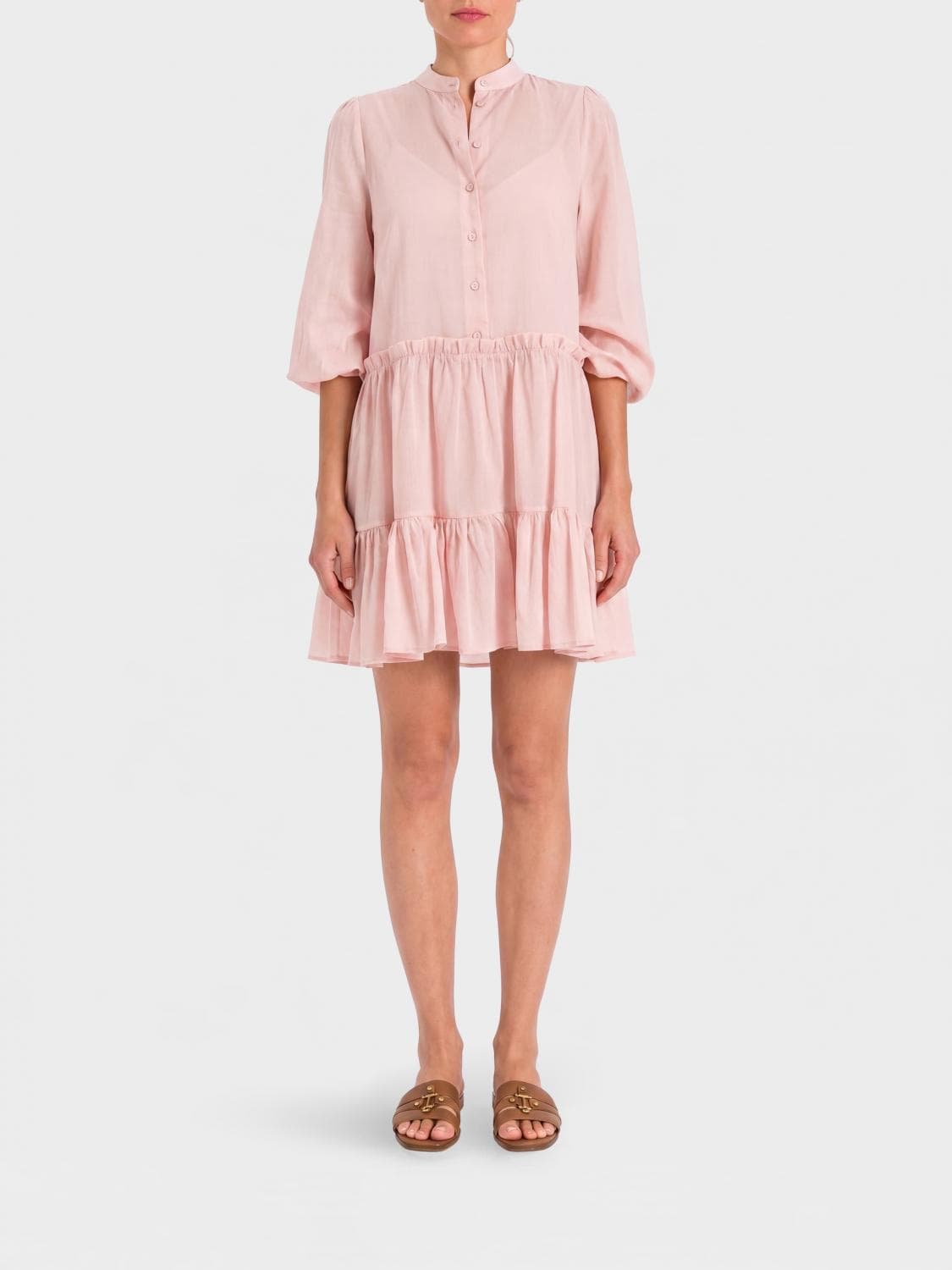 Twinset Cotton Mini Shirt Dress with Balloon Sleeves and Mandarin Collar