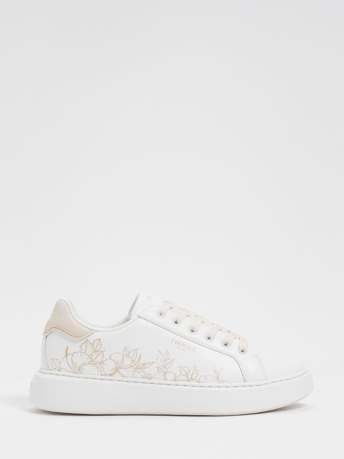 Twinset Low Top Smooth Leather Sneakers with Floral Details and Lettering Logo