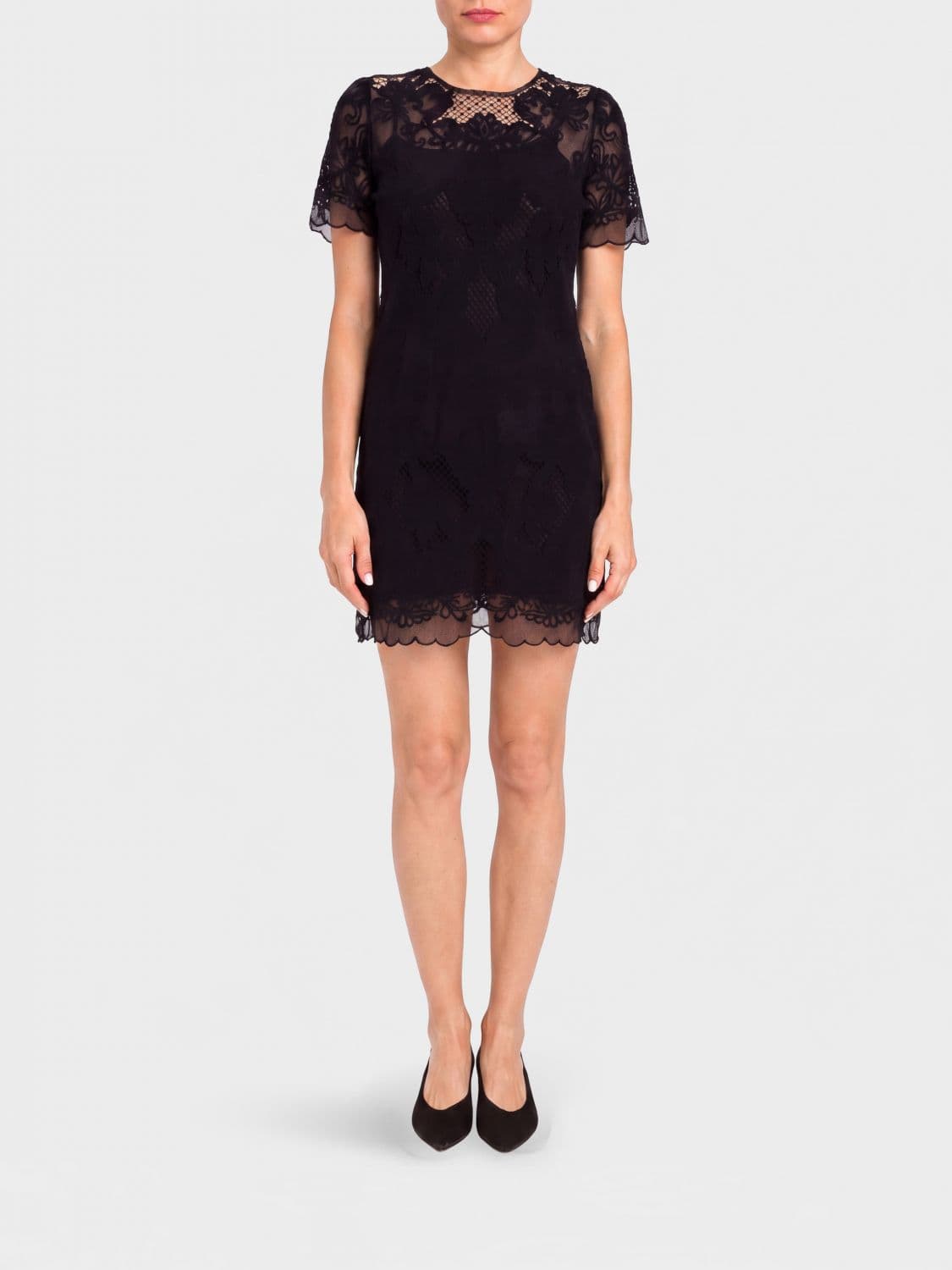 Twinset Bicolor Macramé Lace Mini Sheath Dress with Short Sleeves