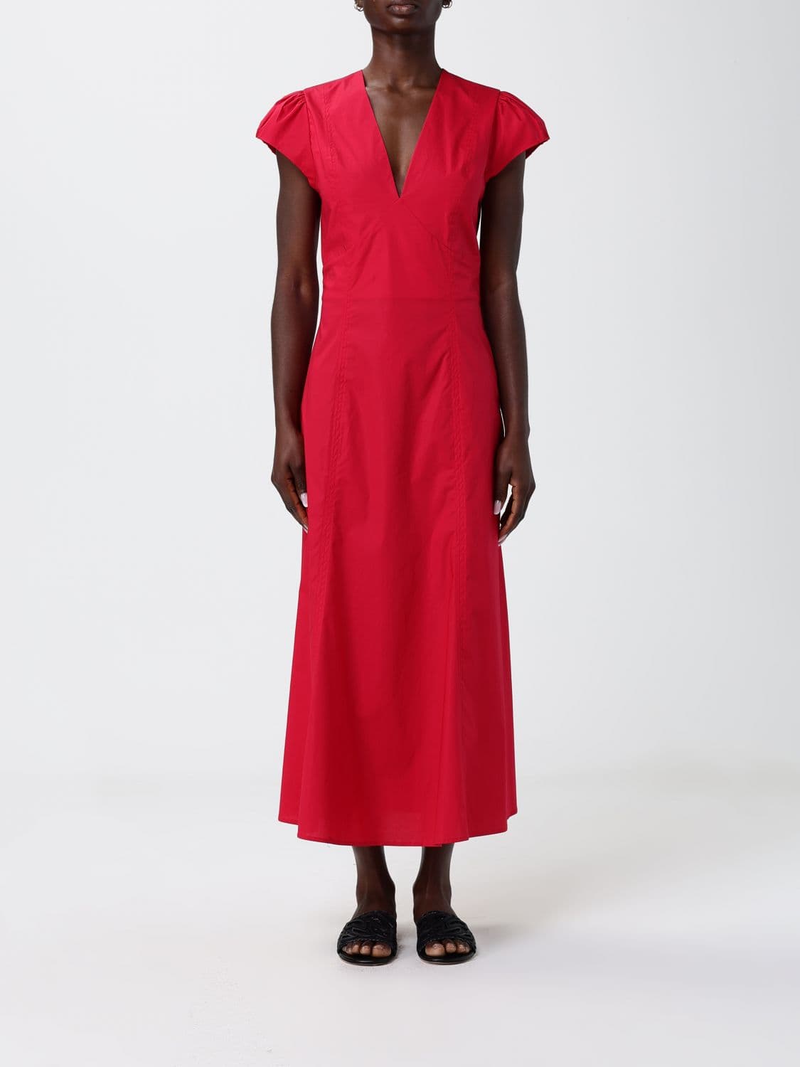 Twinset A-Line Stretch Cotton Midi Dress with V-Neck and Short Sleeves