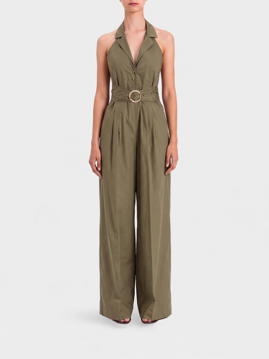 Twinset Safari-Style Wide-Leg Cotton Jumpsuit with Belt