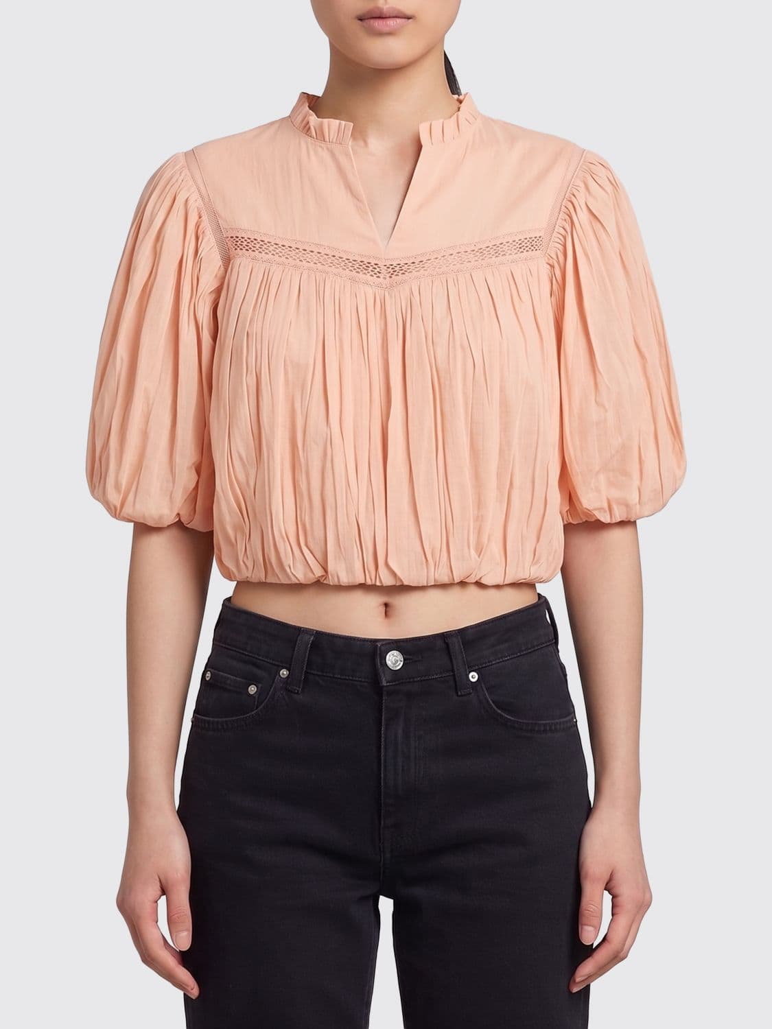Twinset Cropped Cotton Blouse with V-Neck and Puff Sleeves · 50