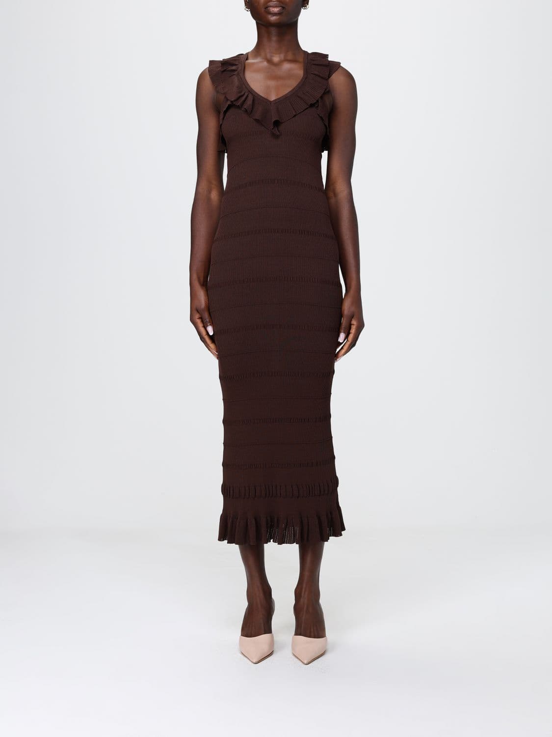 Twinset Viscose Sheath Midi Dress with V-Neck and Off-the-Shoulder Design