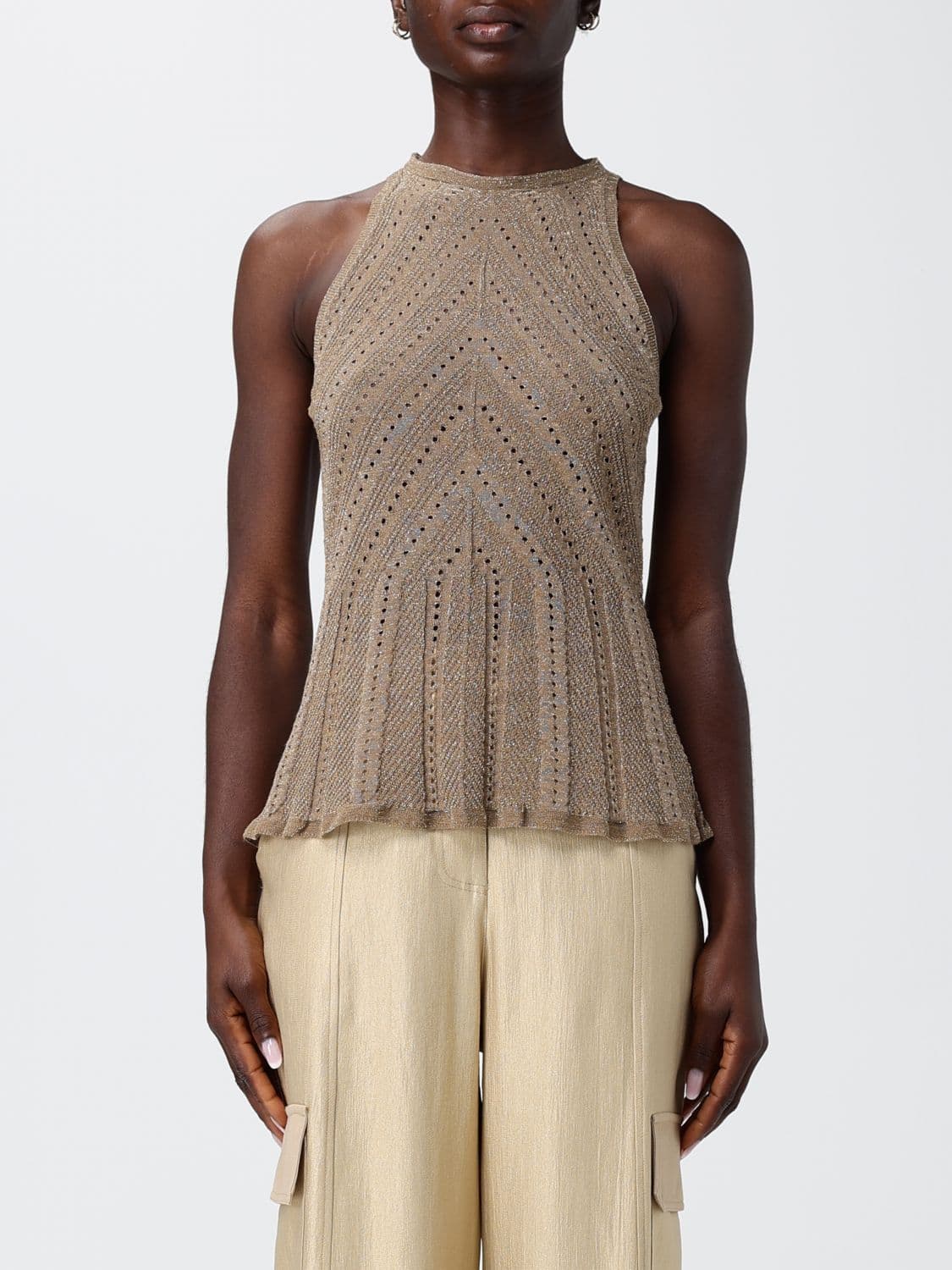 Twinset Slim Fit Linen-Blend Top with Halter Neckline