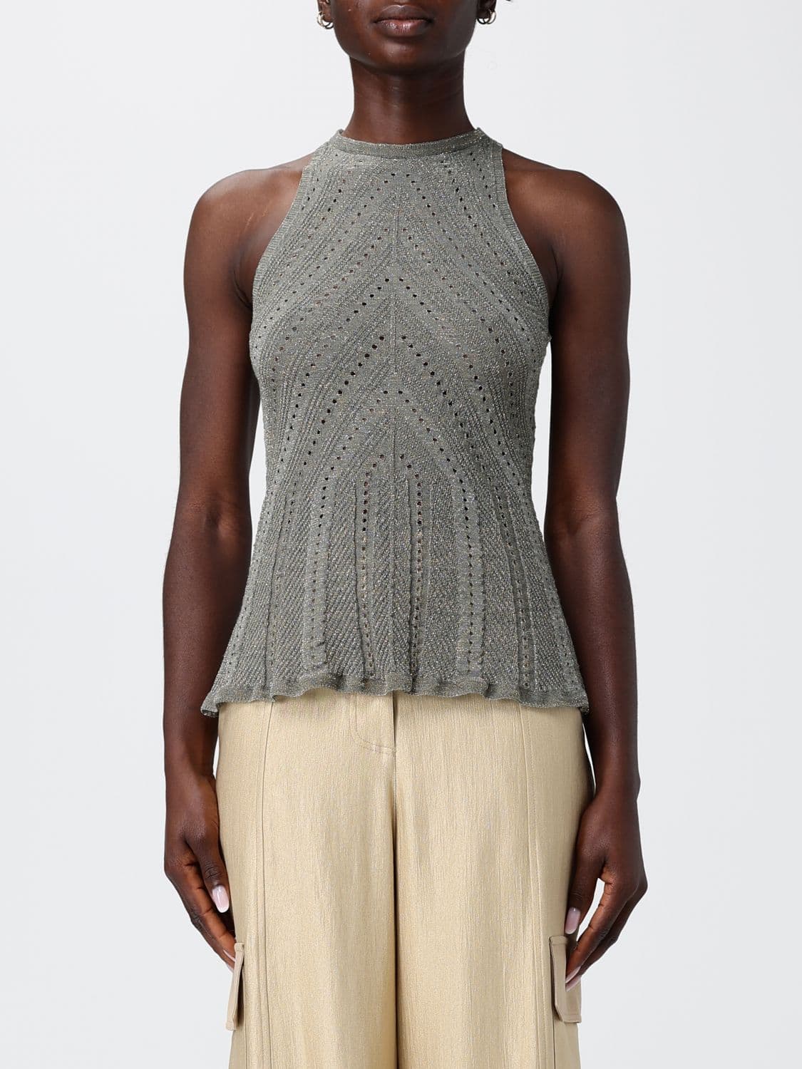 Twinset Slim Fit Linen-Blend Top with Halter Neckline