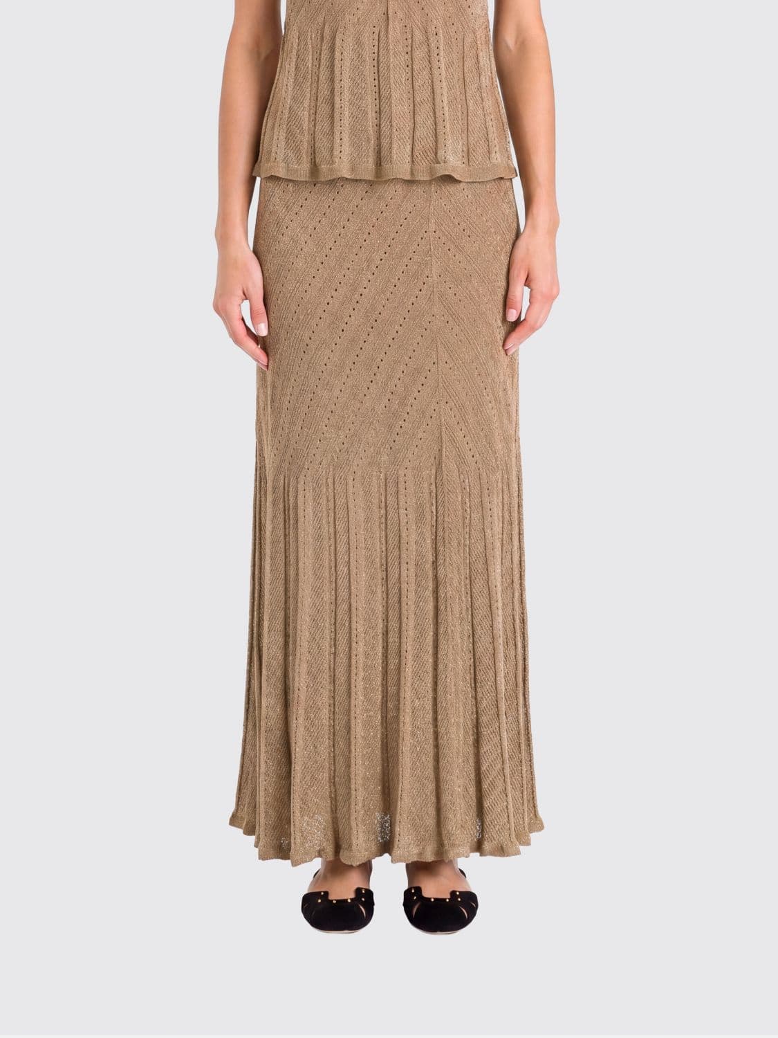 Twinset Long Pleated Linen-Blend Knit Skirt with High Waist