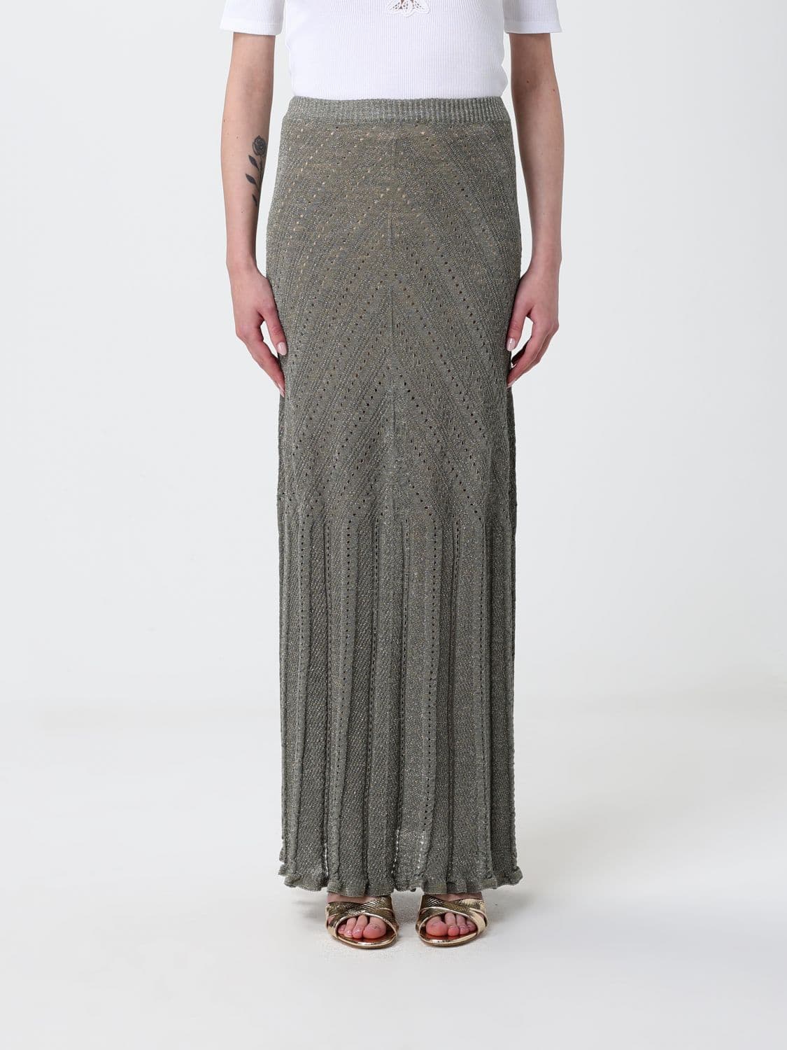 Twinset Long Pleated Linen-Blend Knit Skirt with High Waist