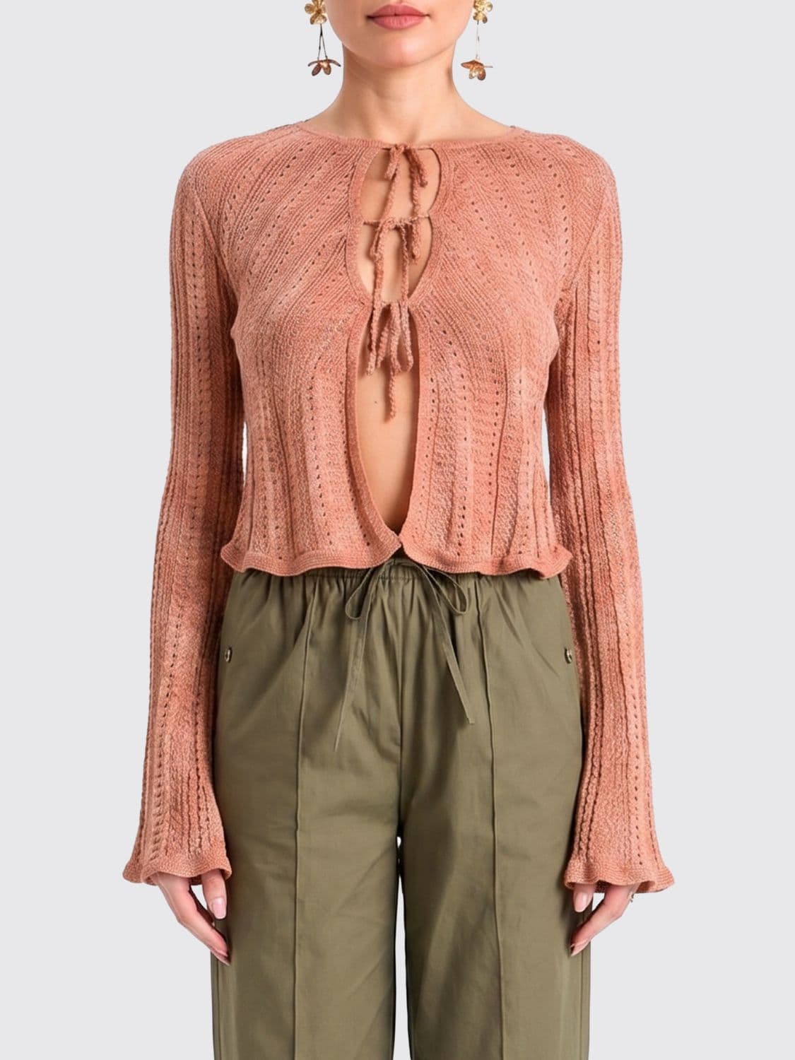 Twinset Linen-Blend Cardigan with Crew Neck and Tie Closure · XS