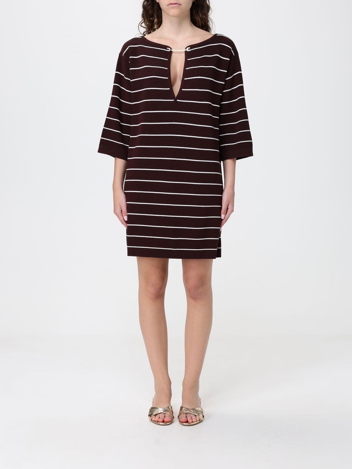 Elisabetta Franchi Striped Mini Kaftan in Viscose Blend with V-Neck