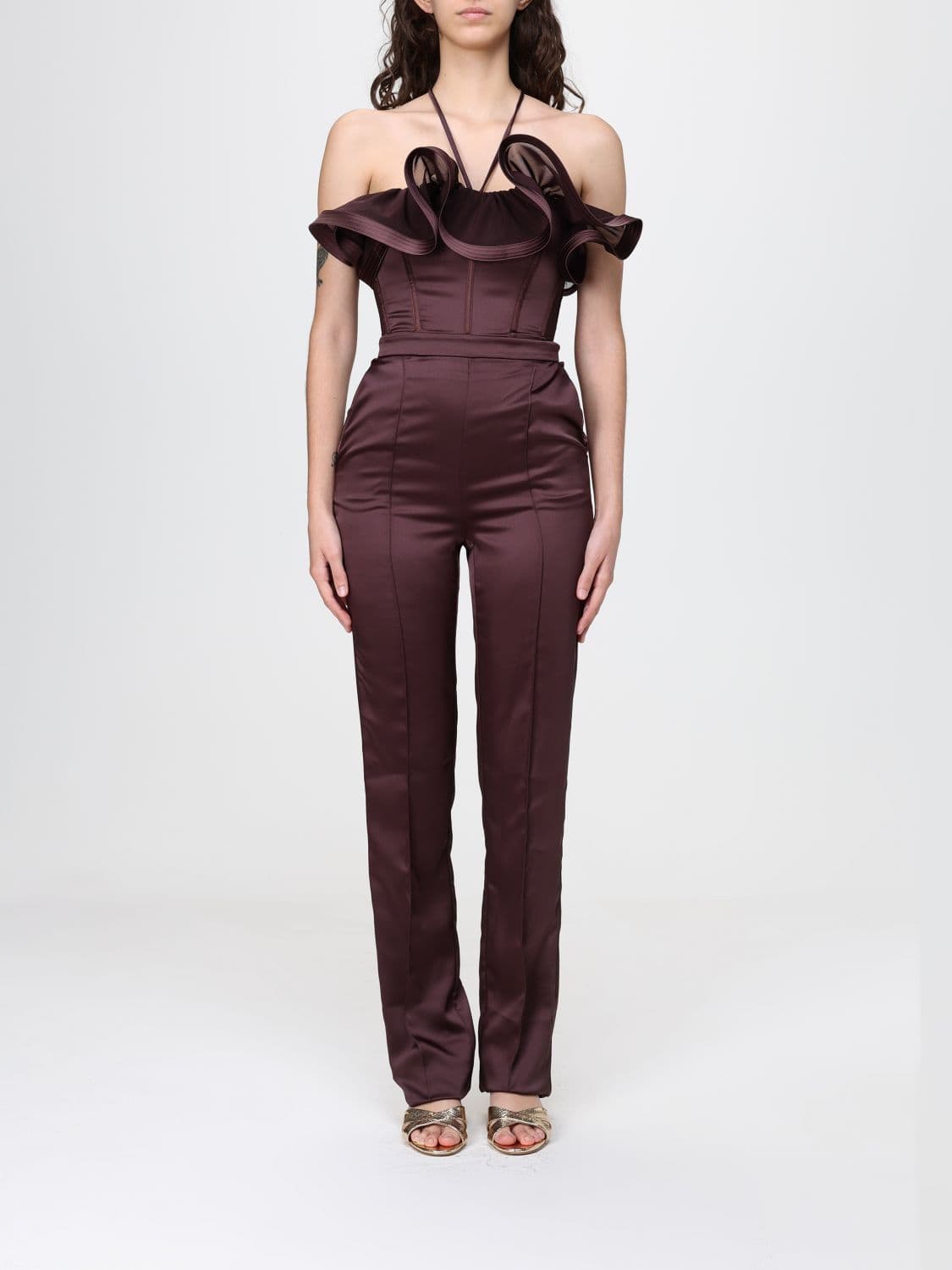 Elisabetta Franchi Slim Fit Satin Jumpsuit with Rouches and Off-the-Shoulder Design
