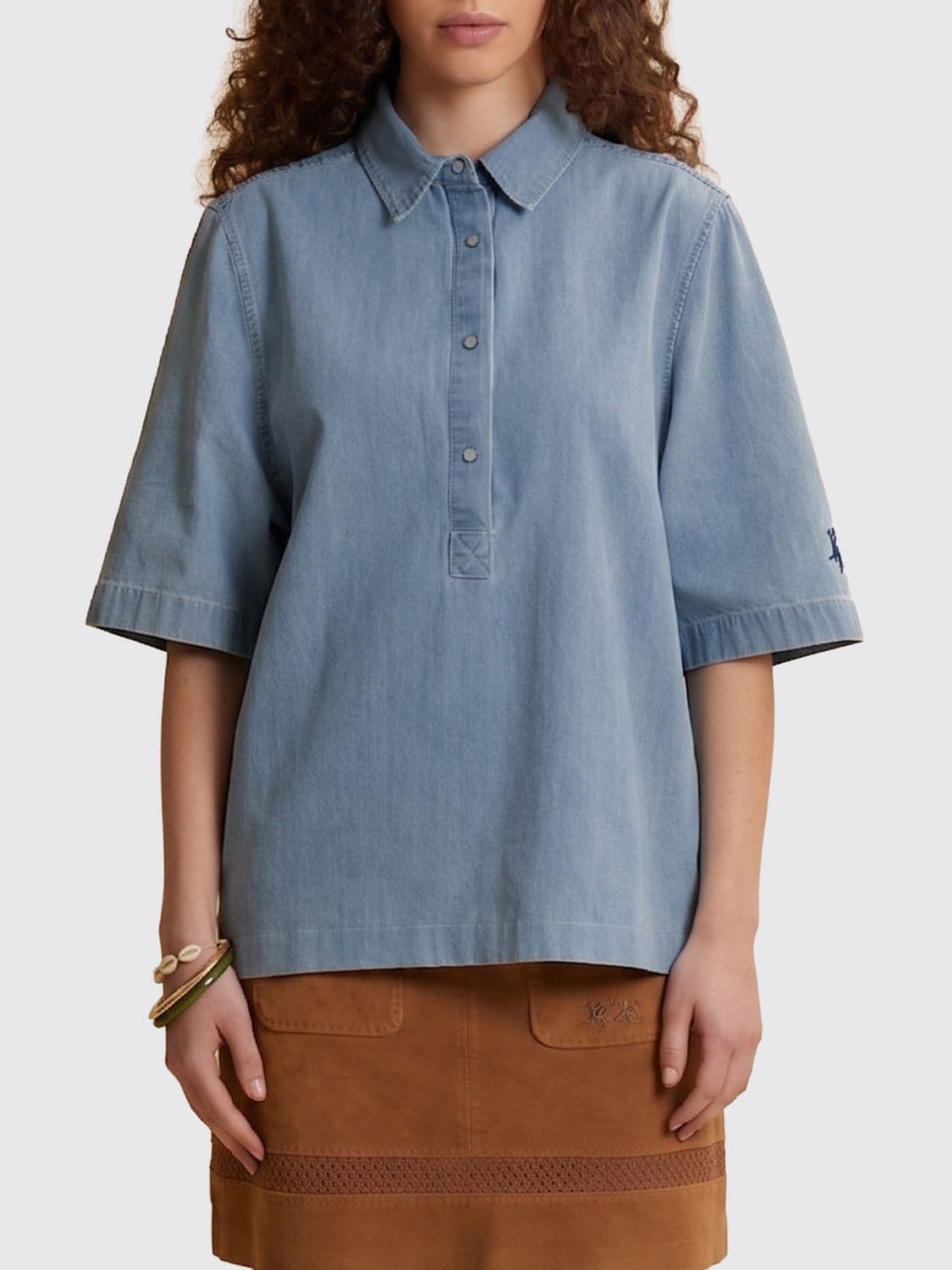 La Martina Cotton Denim Polo Shirt with Embroidered Logo