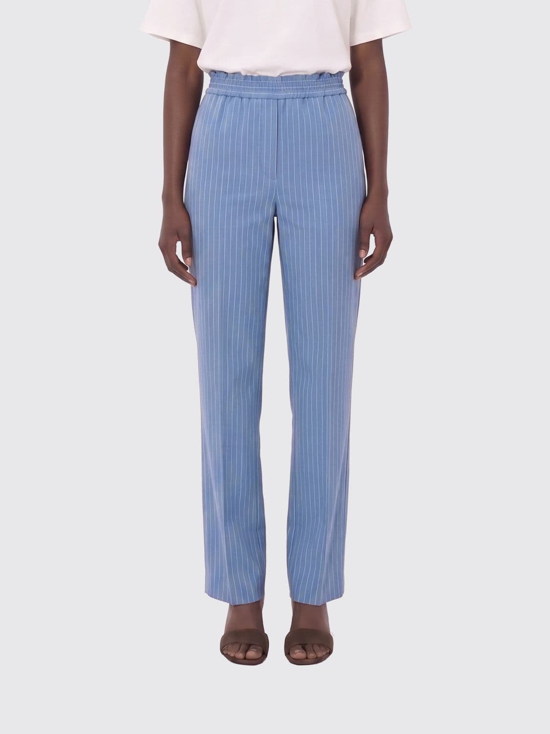 Oriane High-Waisted Pinstriped Straight Trousers with Elastic Waistband