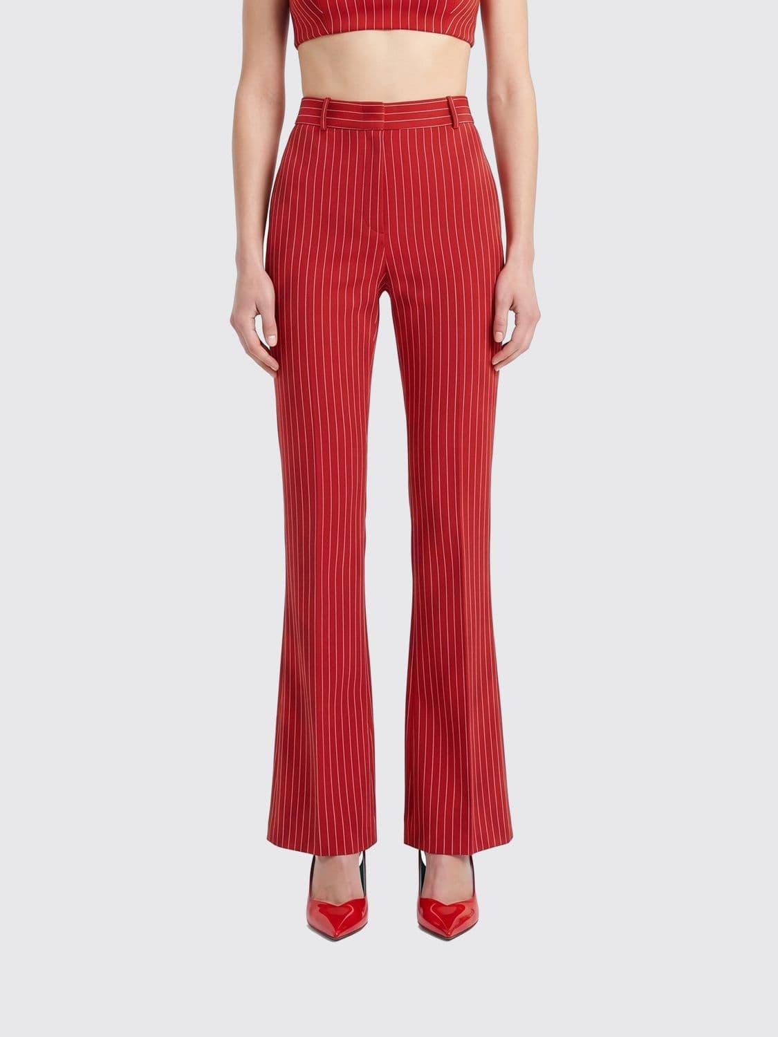 Oriane Pinstriped Flared Trousers in Viscose Blend with a Mid-Rise Waist · 36