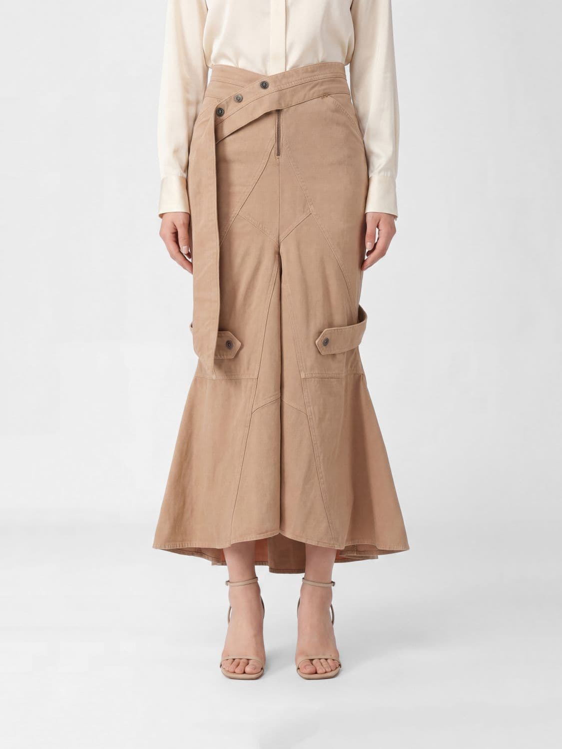 Blumarine High-Waisted A-Line Cotton Midi Skirt with Buckle Detail
