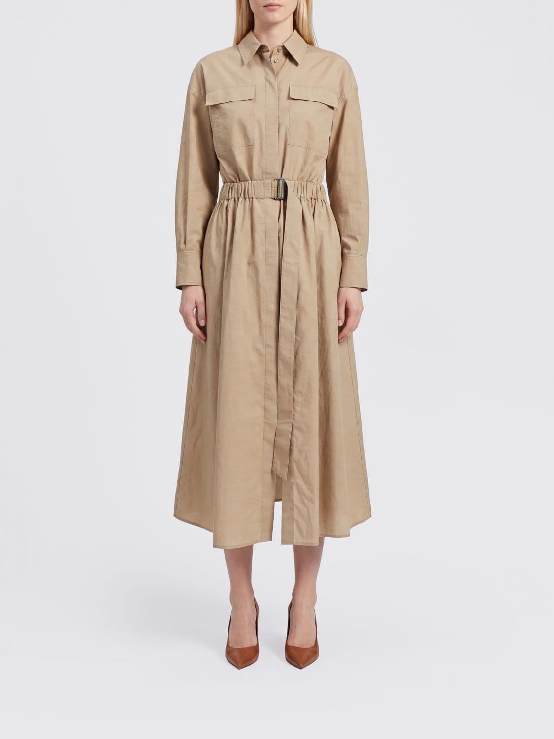 Brunello Cucinelli Long-Sleeved Midi Shirtdress in Cotton with a Tie-Waist Belt
