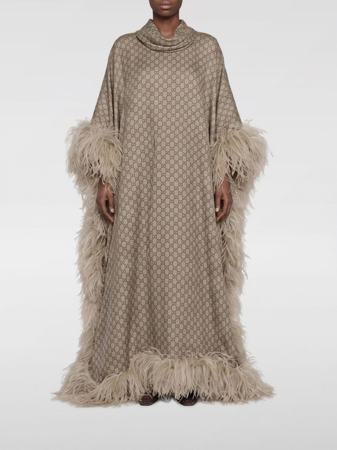 Gucci Long Monogram Silk Kaftan with Ostrich Feather Trim