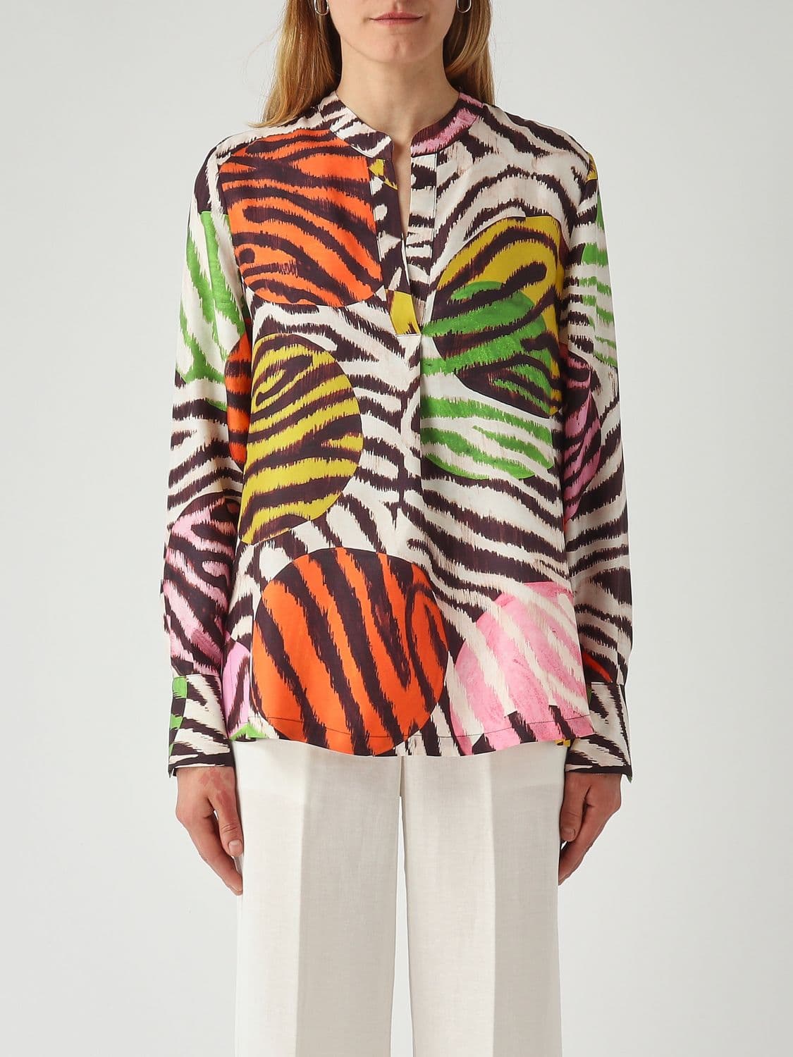 Maliparmi Zebra and Polka Dot Print Viscose Blouse with Mandarin Collar
