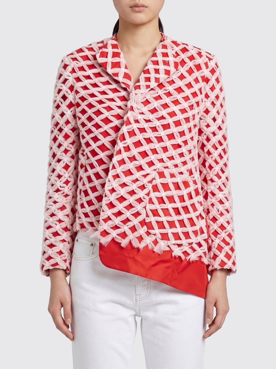 Comme Des Garçons Asymmetric Double-Breasted Blazer in Embroidered Check Tulle · M