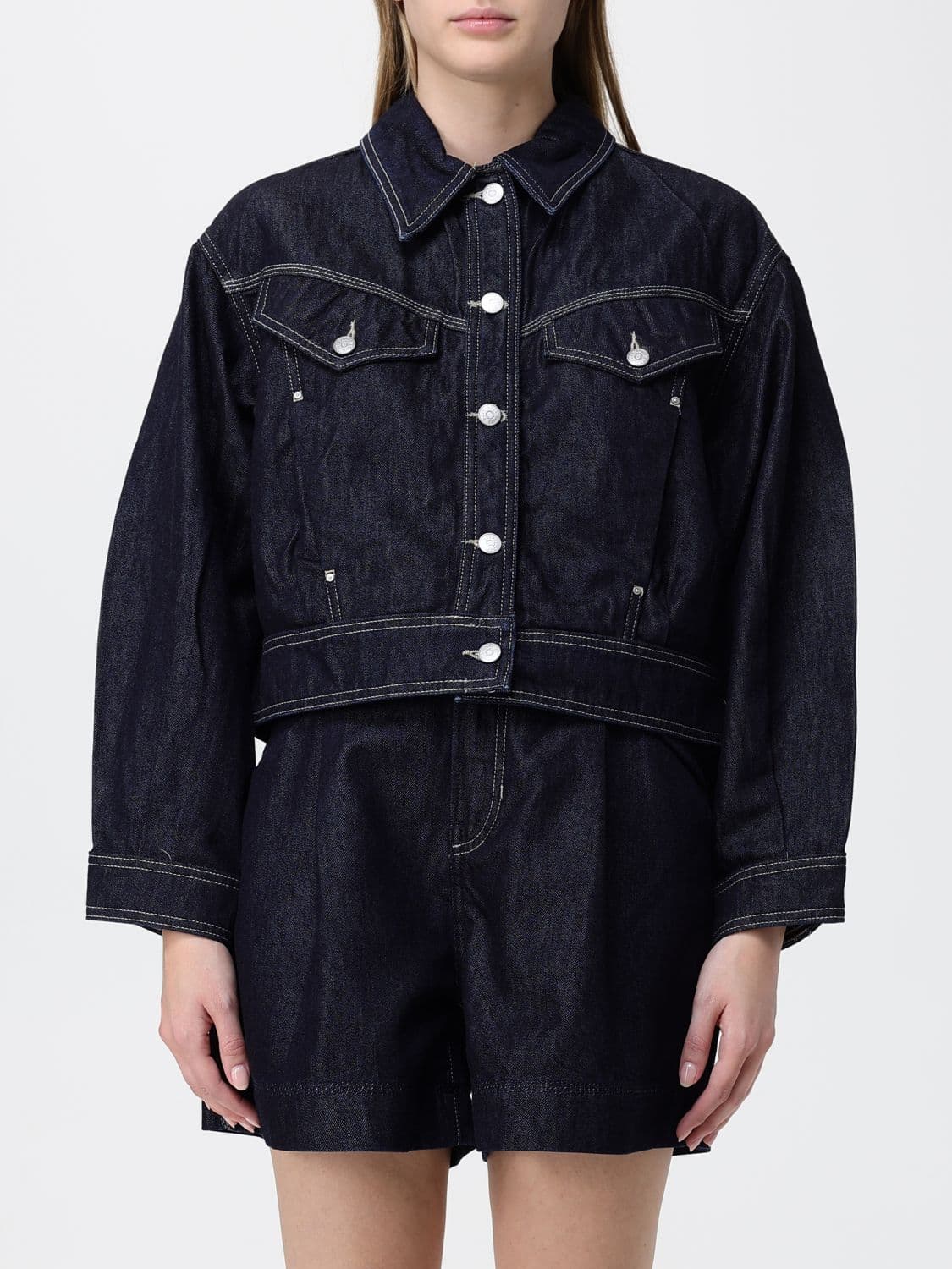 Boss Cropped Denim Jacket in Cotton and Lyocell with Patch Pockets