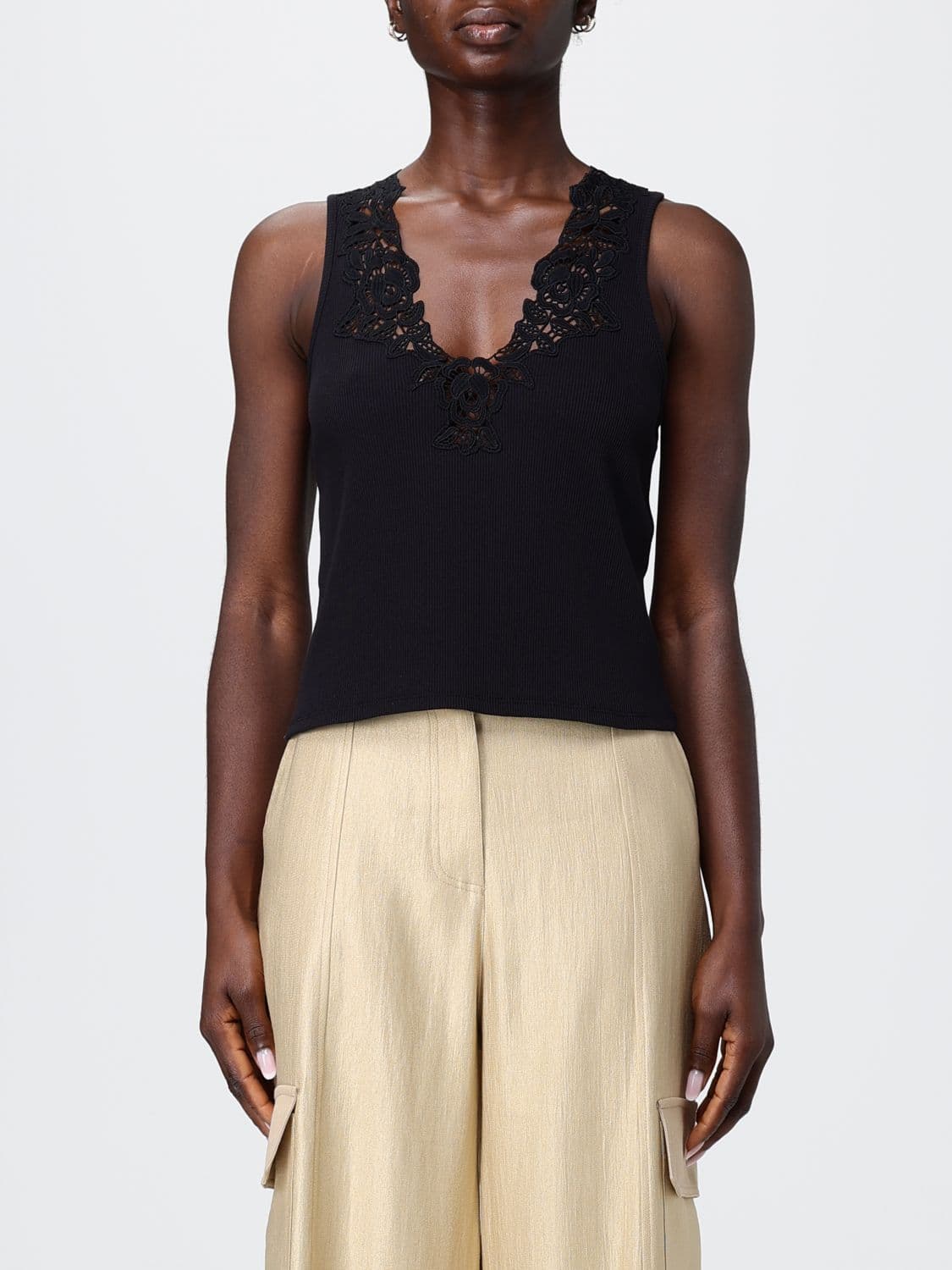 Twinset Slim Fit Cotton Top with Lace Inserts and V-Neck
