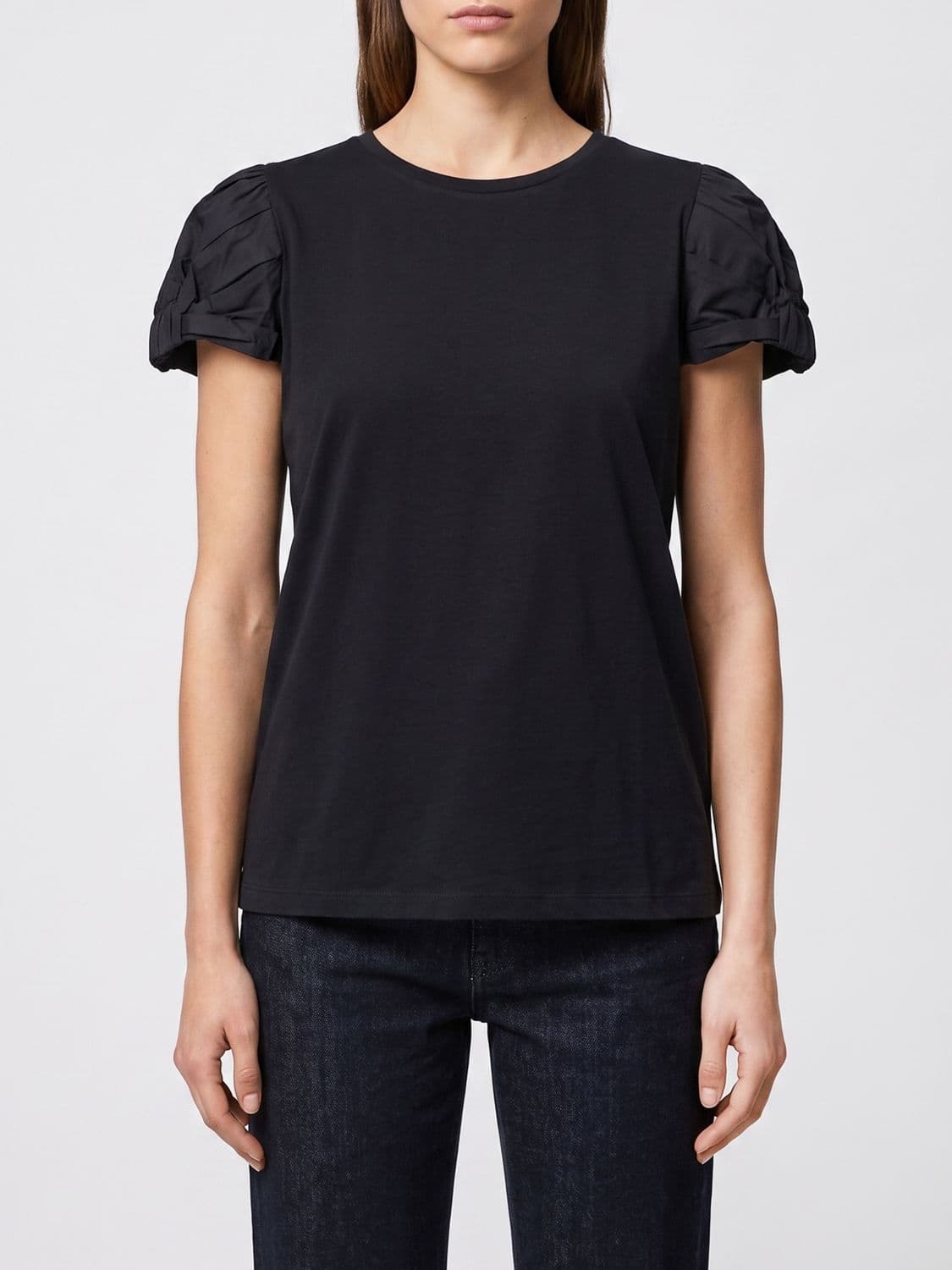Twinset Slim Fit Cotton Top with Puff Sleeves and Crew Neck · L