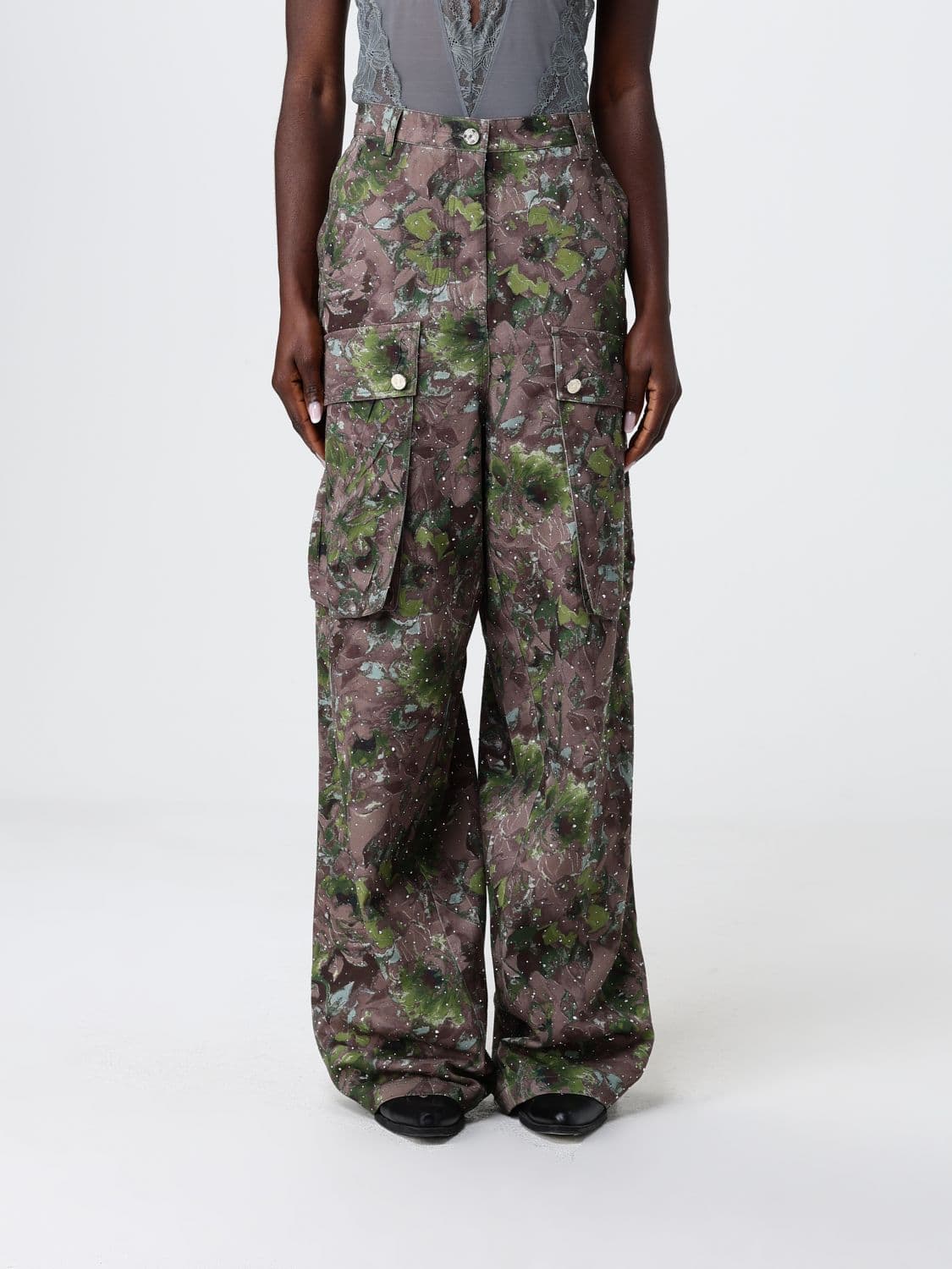 Liu Jo Printed Cotton Cargo Trousers with Rhinestones