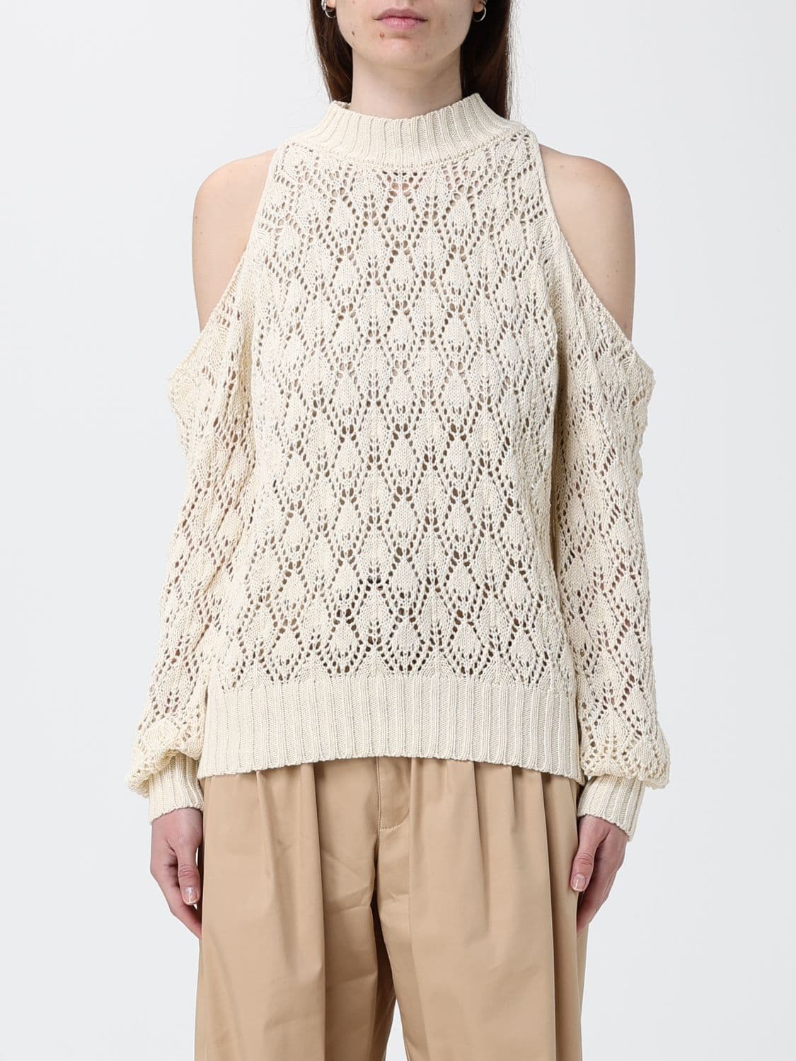Aniye By Open-Knit Cotton Turtleneck Sweater with Dropped Shoulders · M