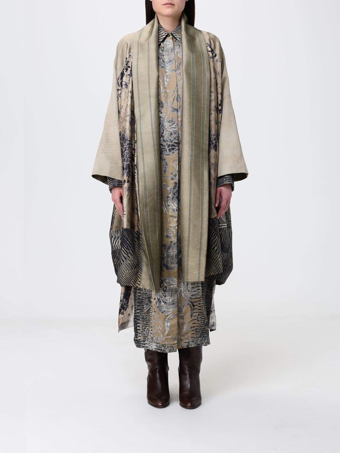 Antonio Marras Shawl Collar Long Robe Jacket with Floral and Striped Print · 40