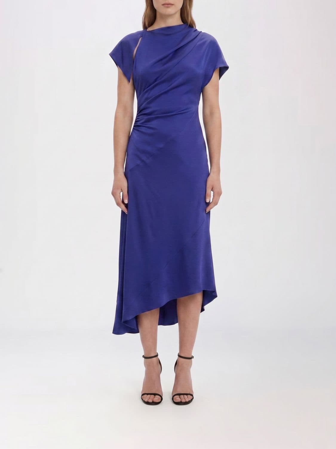 Victoria Victoria Beckham Asymmetric Slim Fit Midi Dress with Short Sleeves