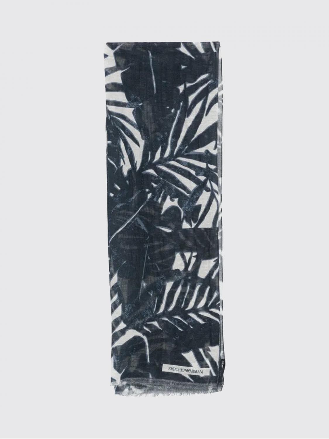 Emporio Armani Tropical Print Linen Blend Scarf with Fringed Edges