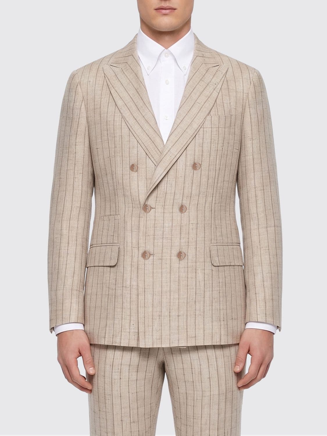 Brunello Cucinelli Striped Double-Breasted Linen Blazer with Peak Lapels