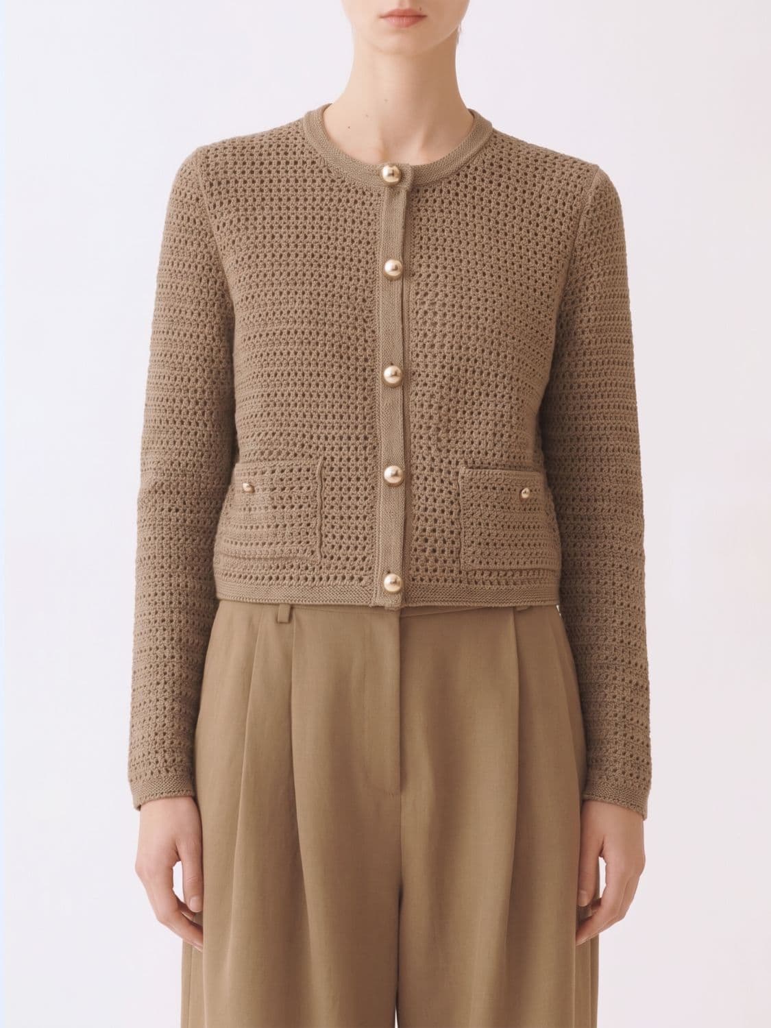 Fabiana Filippi Crew-Neck Pure Cotton Cardigan with Buttoned Patch Pockets