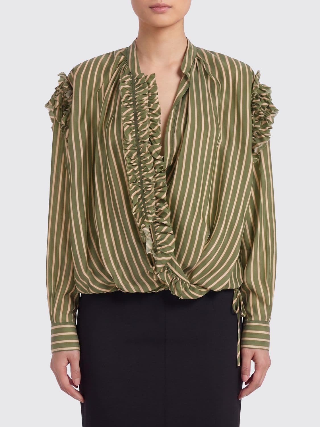 Dries Van Noten Striped Cupro Shirt with Ruffles and V-Neck