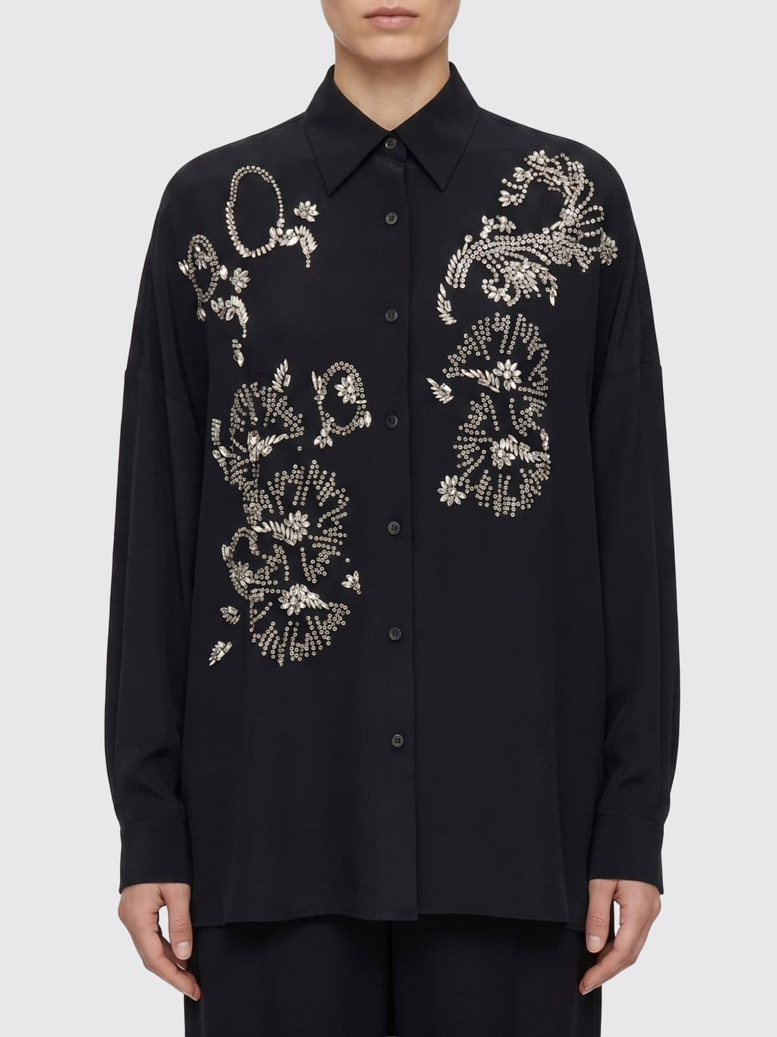 Dries Van Noten Crêpe Shirt with Rhinestone Appliqué and French Collar