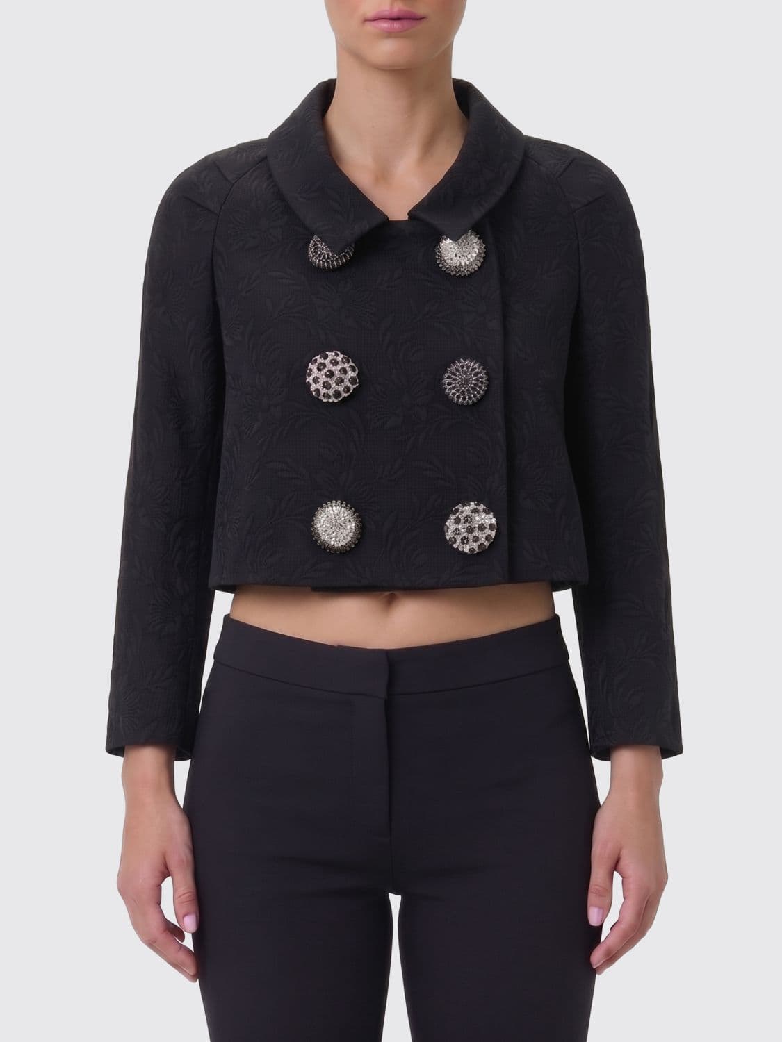 Dries Van Noten Cropped Double-Breasted Jacquard Jacket with Jewelled Buttons