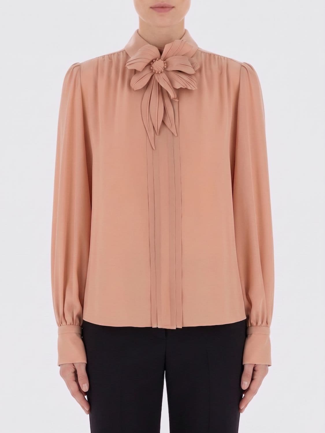 Valentino Pussy-Bow Silk Shirt with Floral Appliqué