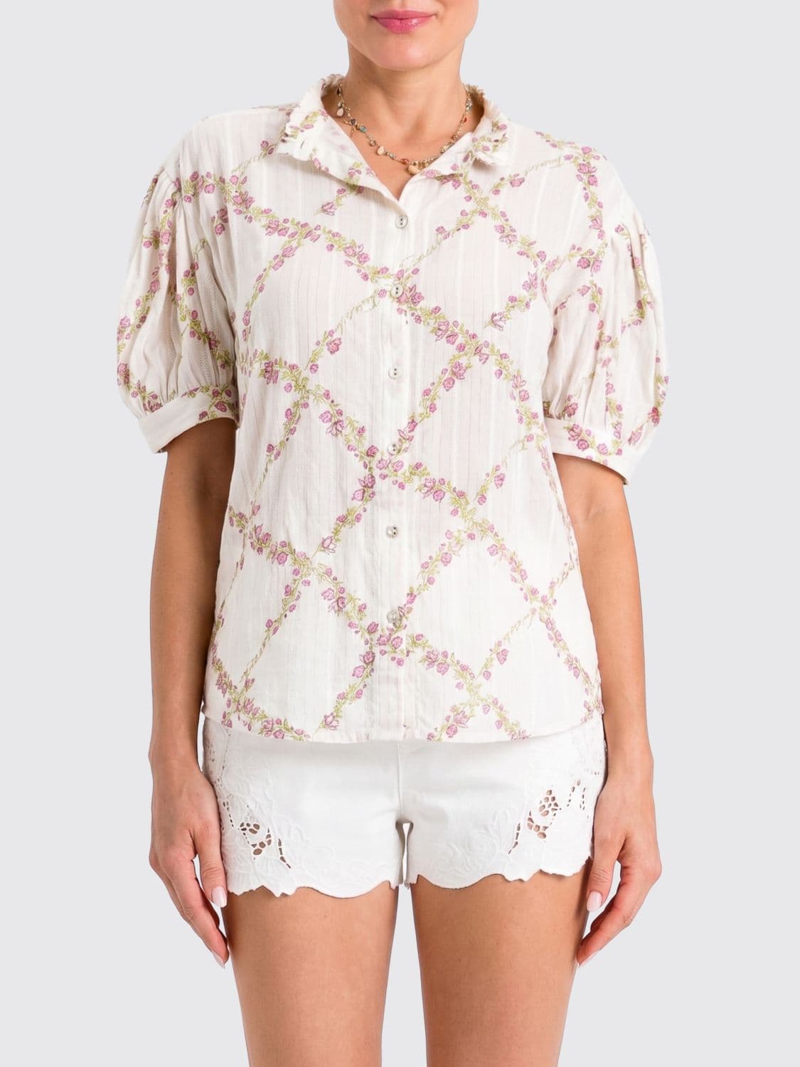 Twinset Floral Print Cotton Shirt with Puff Sleeves · 46